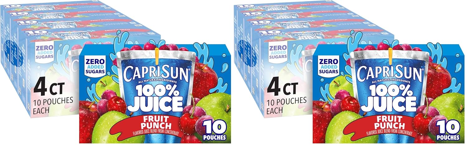 Capri Sun 100% Juice Fruit Punch Naturally Flavored Kids Juice Blend (40 ct Pack, 4 Boxes of 10 Pouches) (Pack of 2)