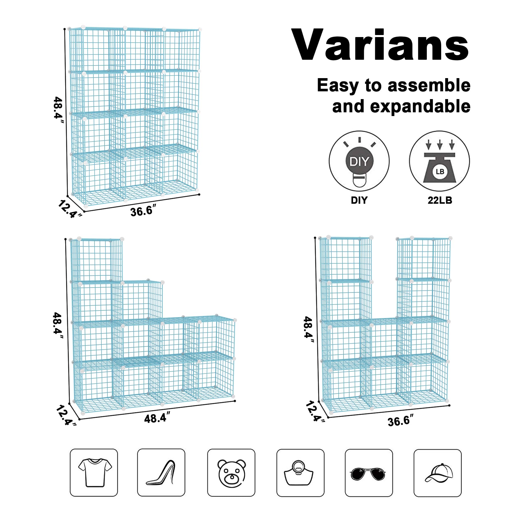 C&AHOME Cube de Rangement en Fil de Fer, 12 Cubes de Rangement en métal avec grilles C, étagères modulaires, Organiseur de Placard, idéal pour la Maison, Le Bureau, Le Salon, 91 x 32 cm (L x l x H),
