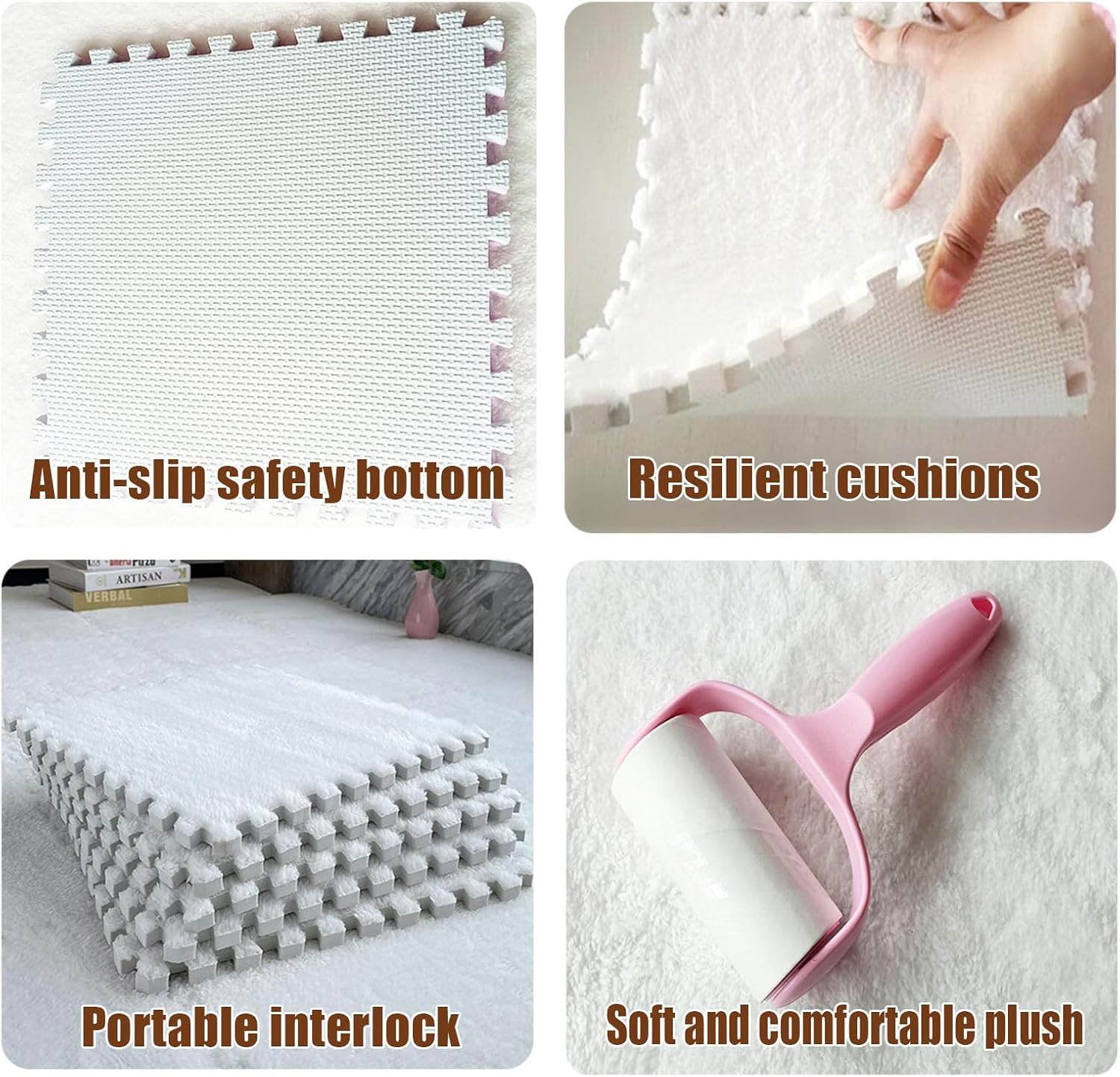 Fluffy Jigsaw Puzzle Rug - 60 Pcs Soft Anti-Slip Interlocking Carpet Tiles, 12 Inch, 0.23 & 0.39 Inch Thick, Plush Foam Floor Mat in Apricot & Coffee Colors