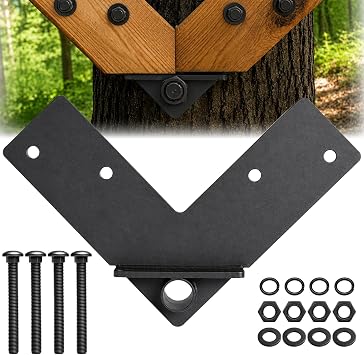 1 Pack Treehouse Double Knee Brace Bracket, 1.25 Inch Tree House Bracket with 5/8" x 5" Bolts, Black Coated Carbon Steel Treehouse Hardware for Attachment and Lag Bolts