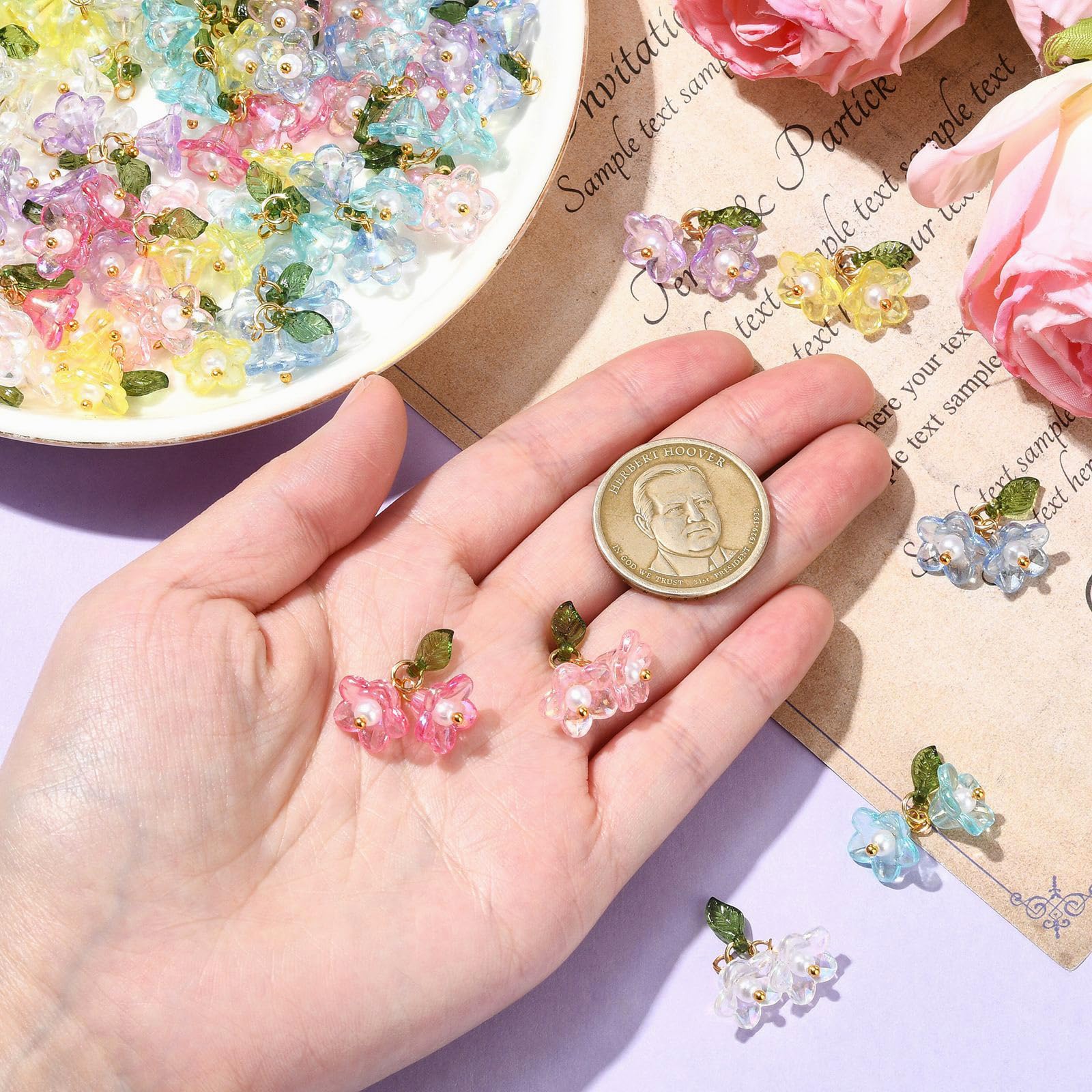 UR URLIFEHALL 70 Pcs 7 Styles Lily of the Valley Charms Acrylic Flower Charms Pendants for Jewellery Making Necklace Earring Crafts Keychain - Image 3