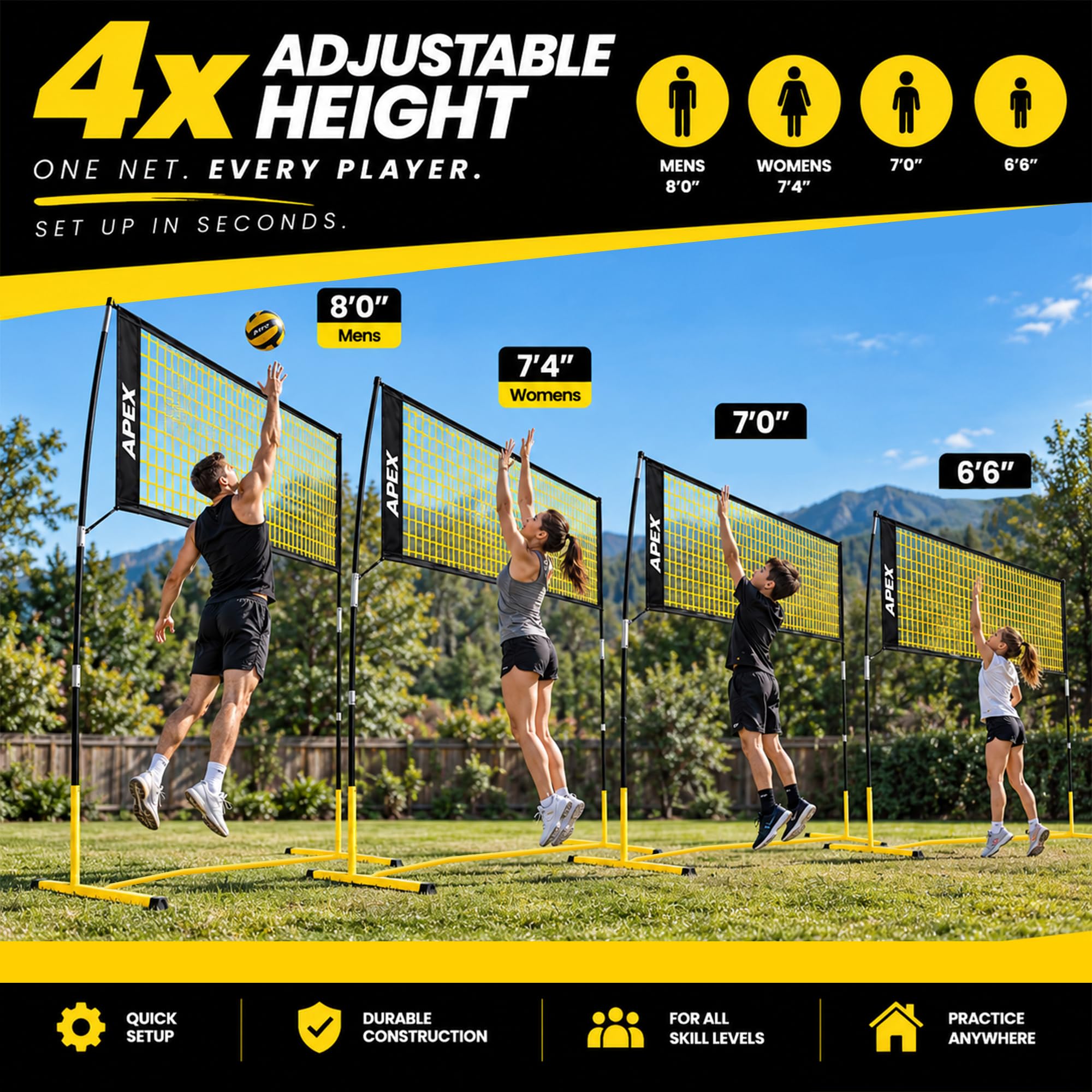 Apex Sports Red de entrenamiento de voleibol, 12 pies de ancho, altura ajustable portátil de 7.4 a 8 pies, incluye estacas para el suelo, bolsa de transporte, uso en interiores y exteriores, diseñada