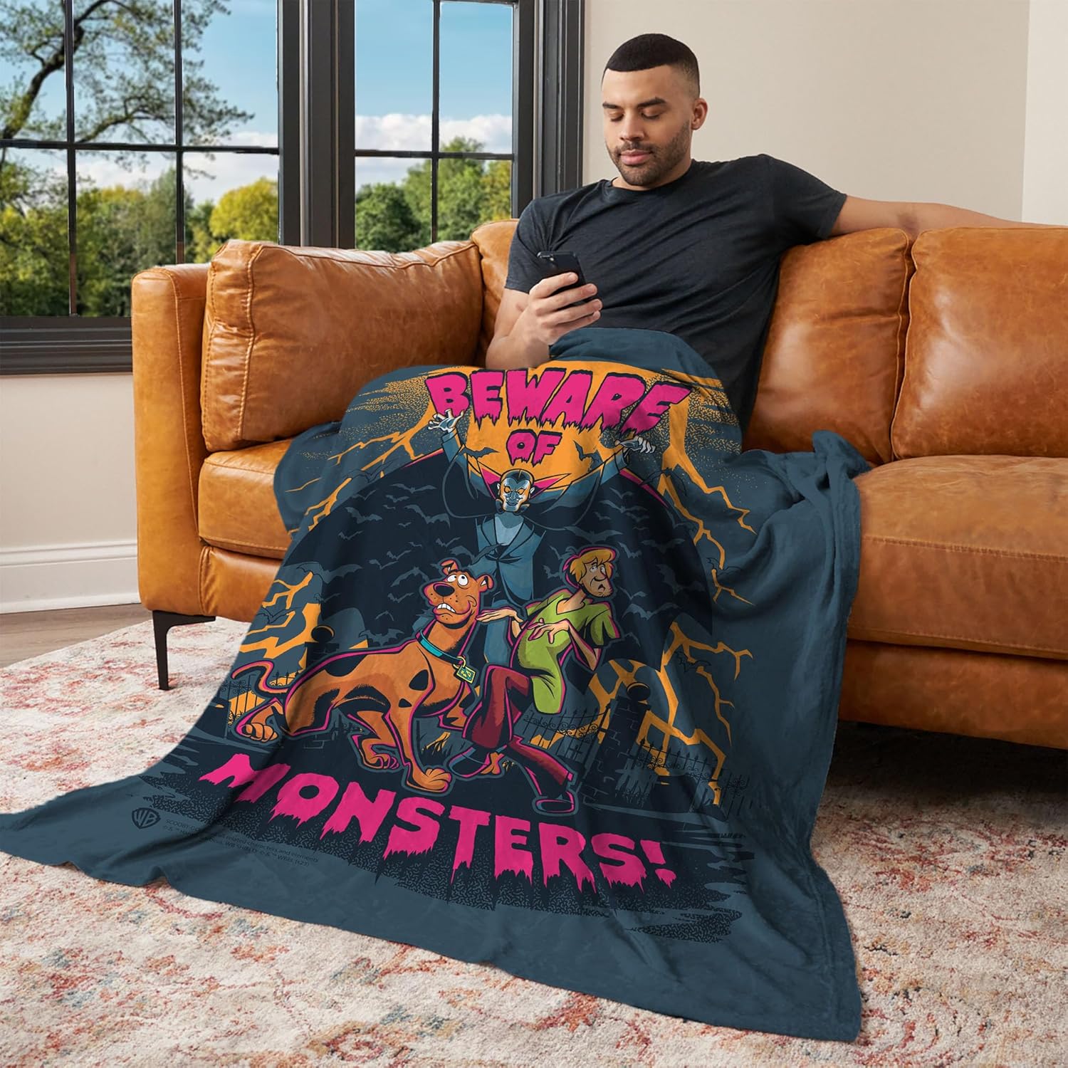 Scooby-Doo Beware of Monsters Silk Touch Sherpa Throw Blanket, 50 x 60 Inches – Official Warner Bros Licensed, Ultra-Soft Fleece with Vampire Design
