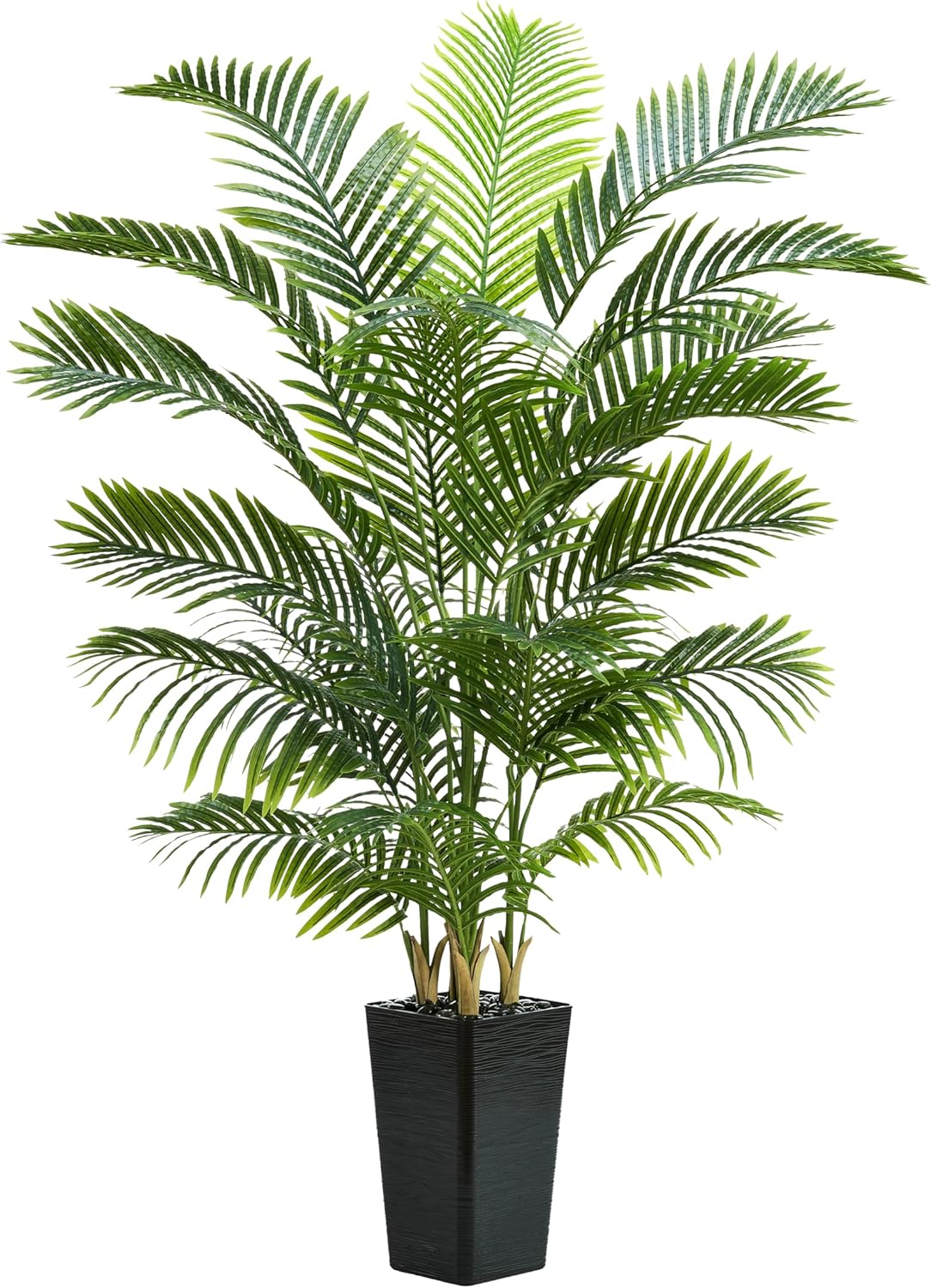 Artificial Palm Tree：6FT Tropical Fake Silk Plant UV Resistant Faux Areca Palm with White Planter & Black Pebbles for Home Office Living Room Decor Indoor Patio Porch Balcony (6FT,1-Pack,Black)