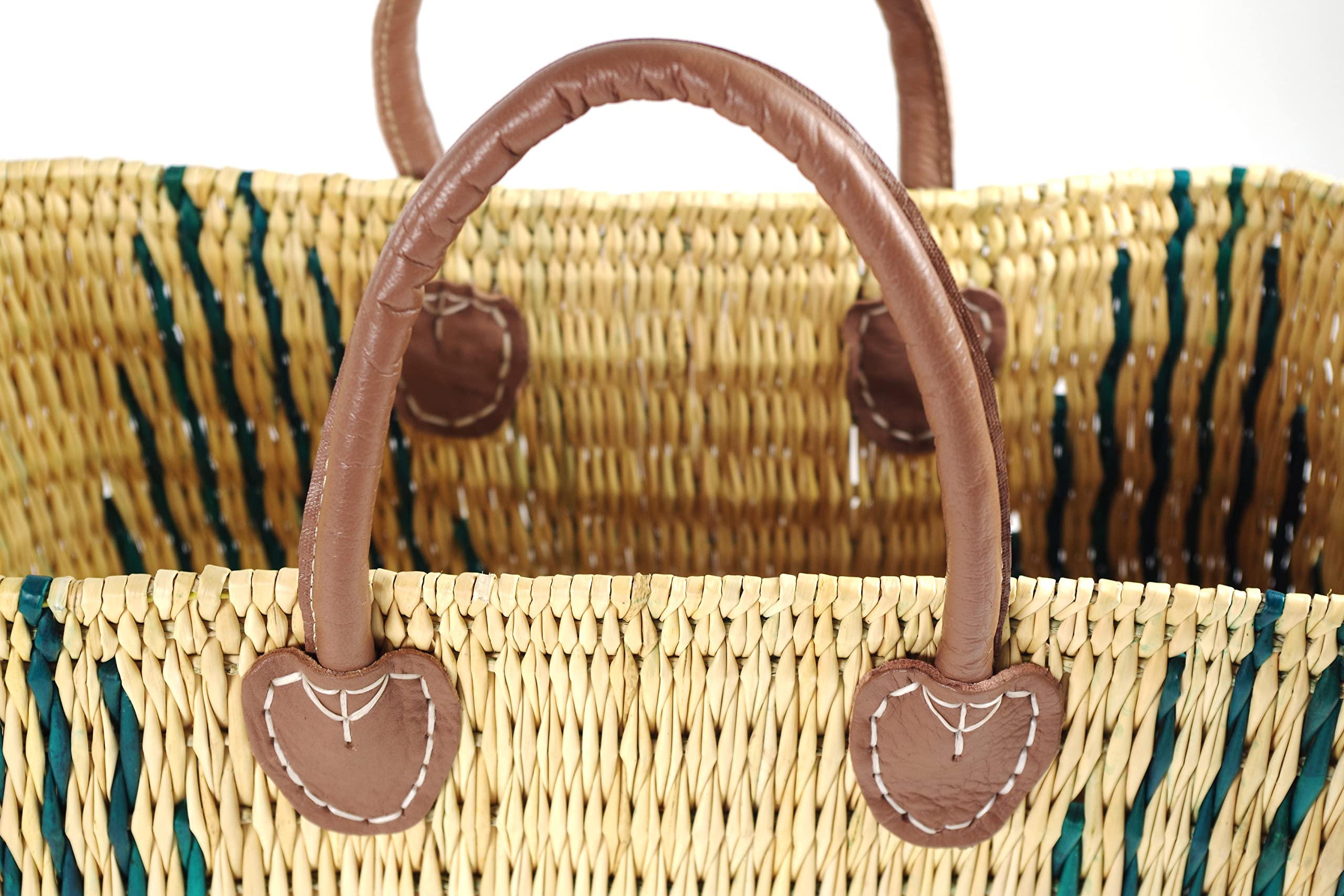 Kobolo Tasche Seegrastasche Korbtasche grüne Stripes Lederhenkel