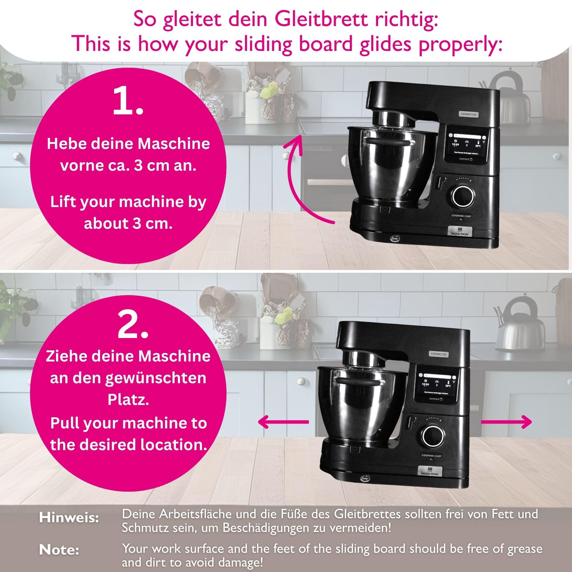 2 in 1 Profi-Gleitbrett "Raumgleiter" inkl. Kabelstaufach kompatibel mit KENWOOD Küchenmaschinen Cooking Chef Modellen (Silber)