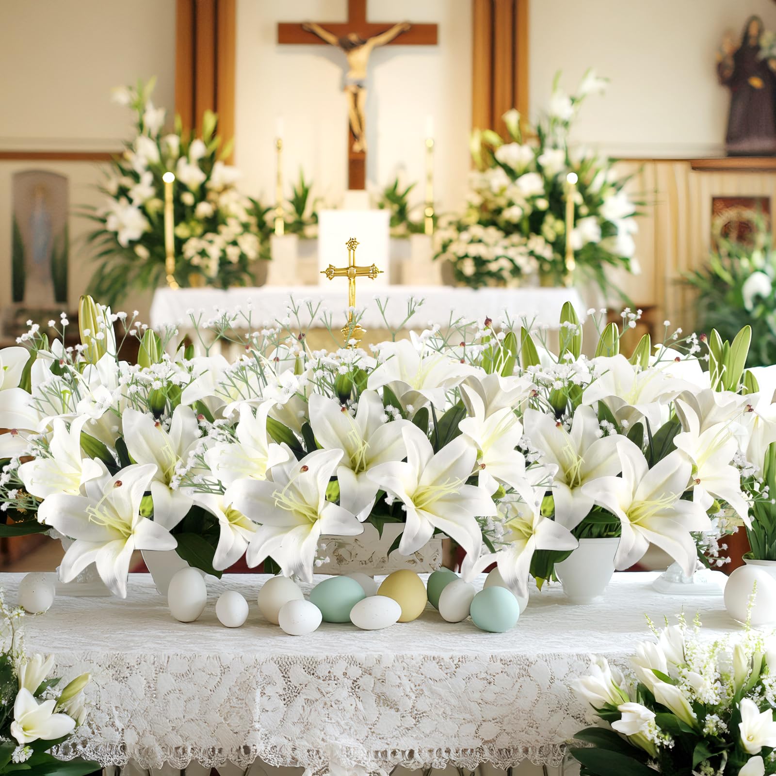 Giegxin Künstliche Osterlilien, weißes Latex, fühlt sich echt an, künstliche Tigerlilien, Blumen mit künstlichem Baby-Atem, künstliche Schleierkraut für Ostern, Frühling, Zuhause, Kirche, Hochzeit