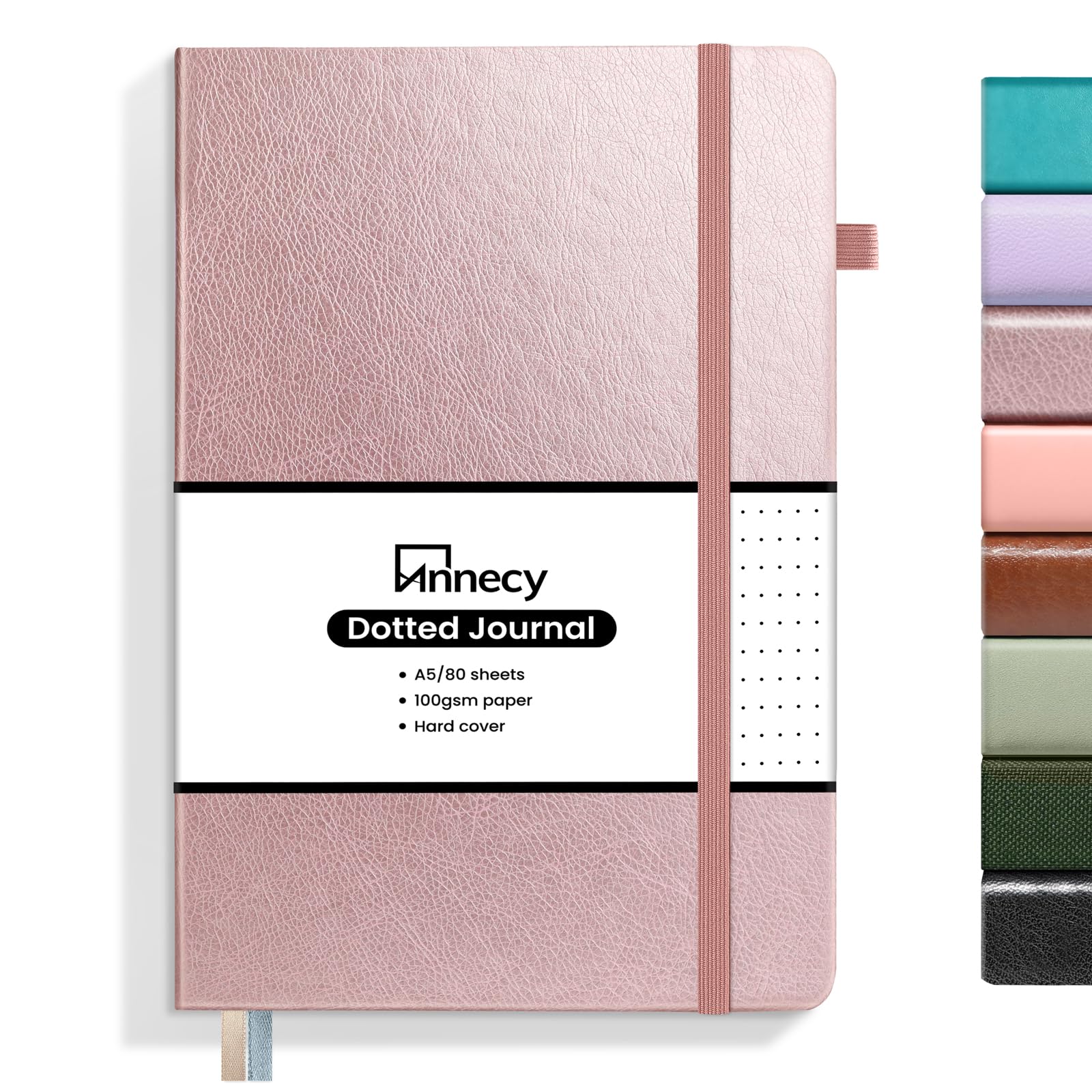 Annecy Numbered Bullet Dotted Journal Notebook, Medium 5.5x 8.25, 160 Pages 100GSM Writing Paper, A5 Rose Gold Faux Leather Cover with Pen Loop