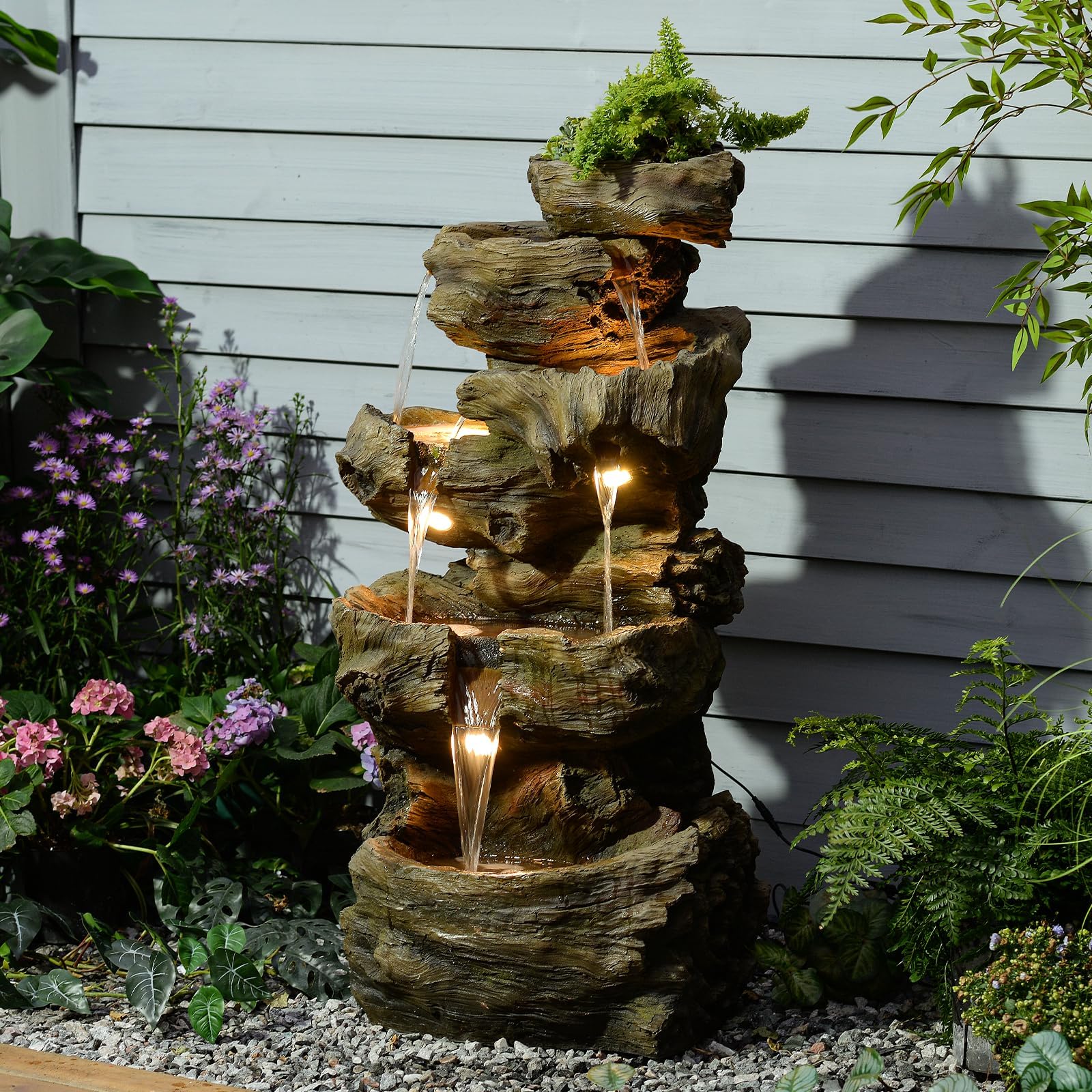 Sunlinua 103 cm H 4-stufiger Gartenbrunnen im Felsen-Look mit LED, Wasserfall und Springbrunnen für Garten, Terrasse, Balkon oder Hof, aus Harz
