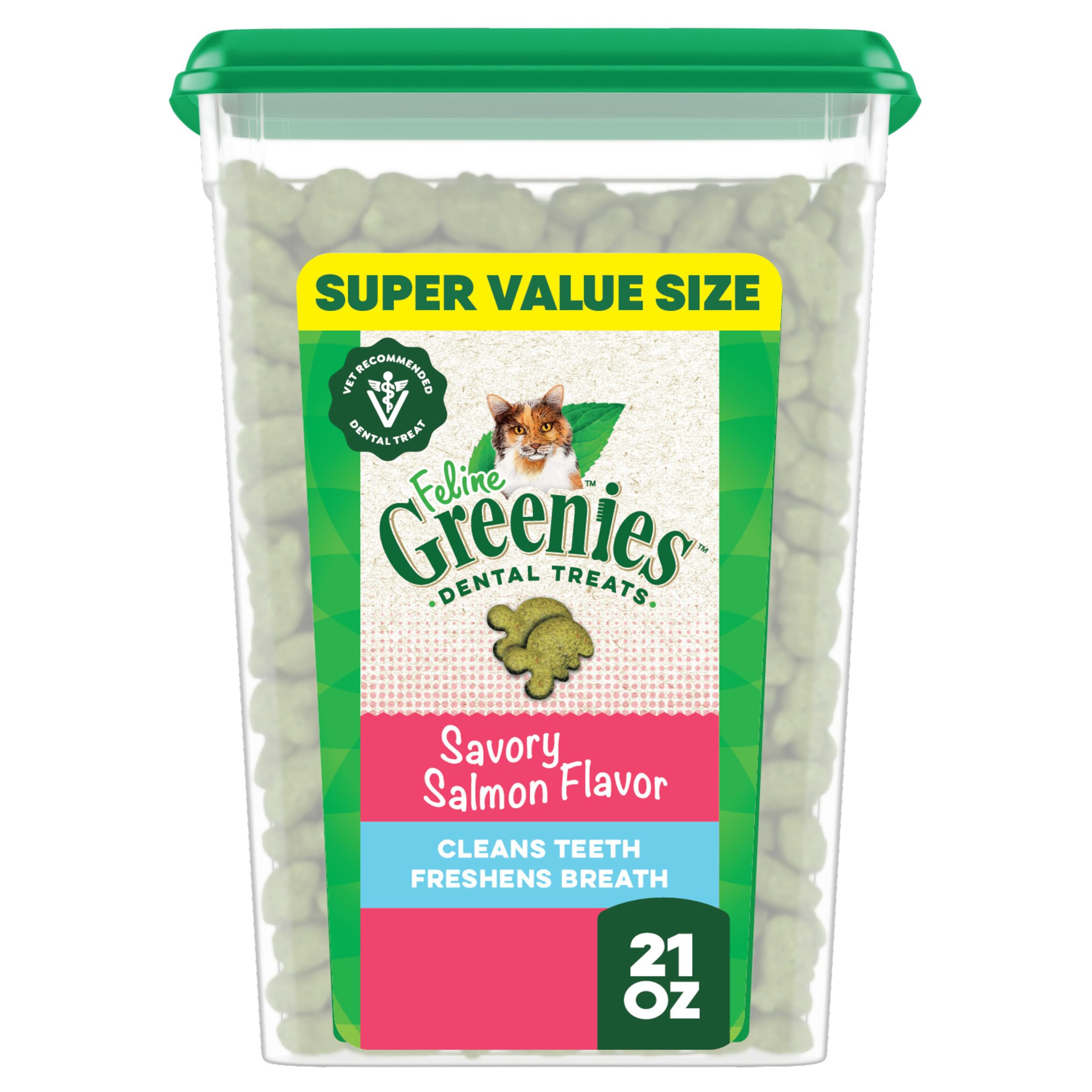 Greenies Feline Veterinarian-Recommended Adult Natural Dental Cat Treats, Savory Salmon Flavor, 21 oz. Tub