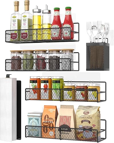 Estante de especias montado en la pared, paquete de 6 cestas colgantes adhesivas de metal con soporte para toallas de papel, organizador de