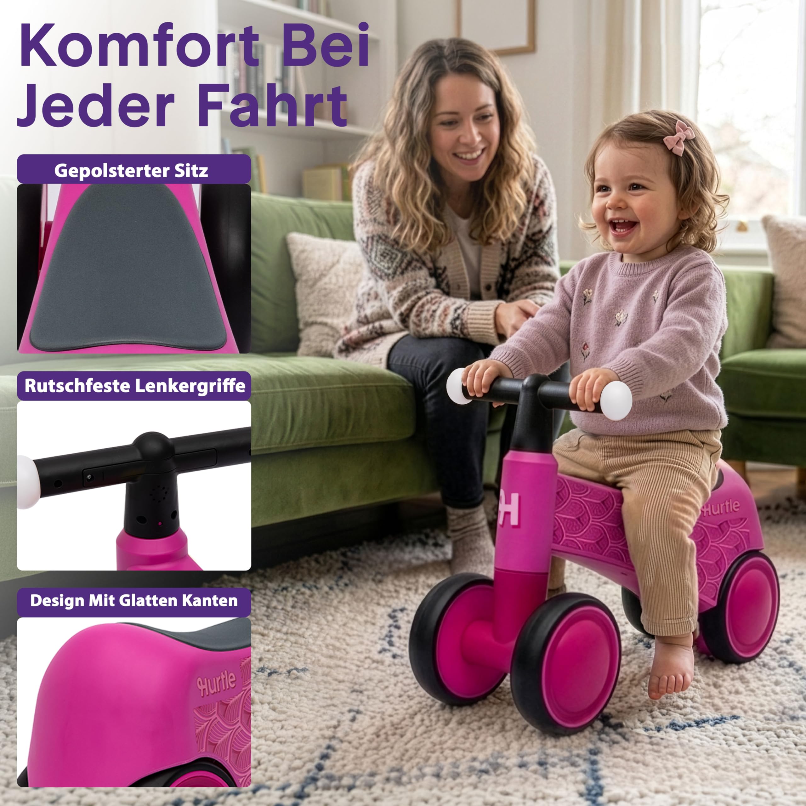 Hurtle Kleinkind Laufrad ab 1 Jahr, Lauflernrad mit LED-Lenker | 4 Räder, Balance Bike, Erstes Fahrrad, Stabiles Kleinkindlaufrad, Geschenk für Jungen und Mädchen