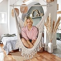 Vista 6 de Silla hamaca de cuerda de algodón tejida a mano con barra separadora de metal, silla colgante bohemia para dormitorio, silla columpio