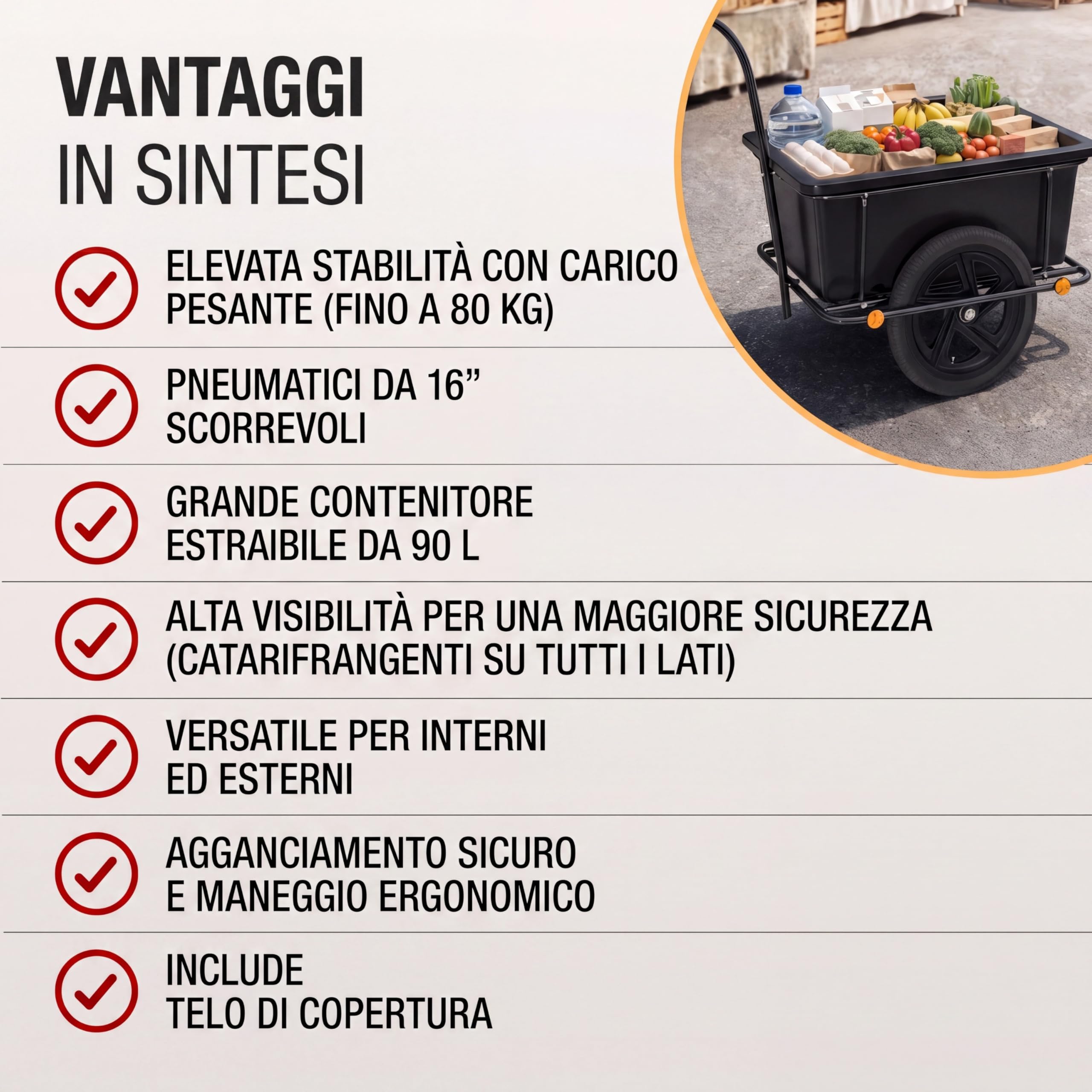 MONZANA® Rimorchio per Biciclette con Cassone in Plastica da 90L Gancio da Carico Carrello Trasporto Viaggi Bici Portaoggetti