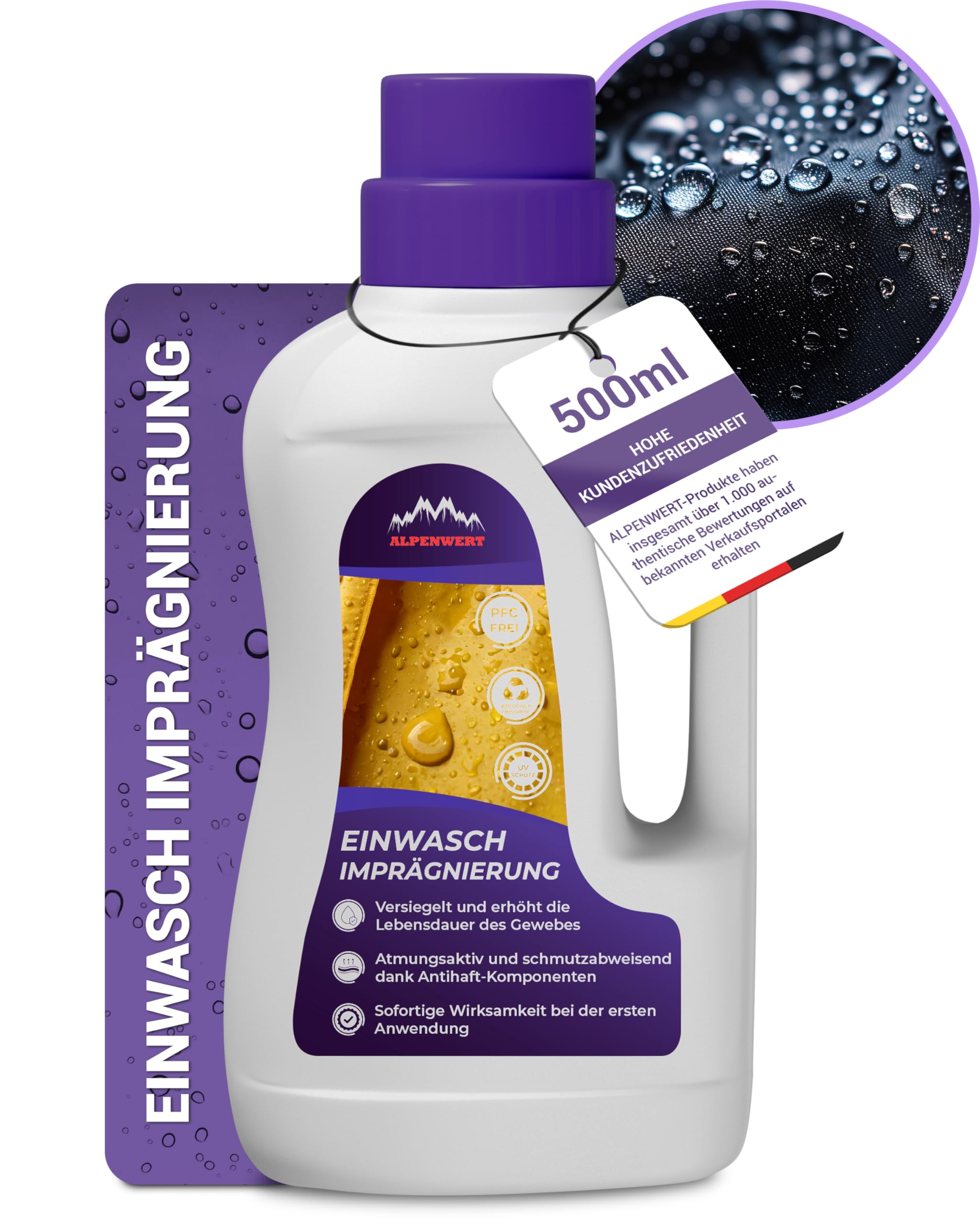 Alpenwert Imprägnierwaschmittel 500ml [MADE IN GERMANY] für Outdoor Bekleidung, Funktionskleidung, Skibekleidung, Gore-tex uvm. Imprägnier Waschmittel, Einwaschimprägnierung