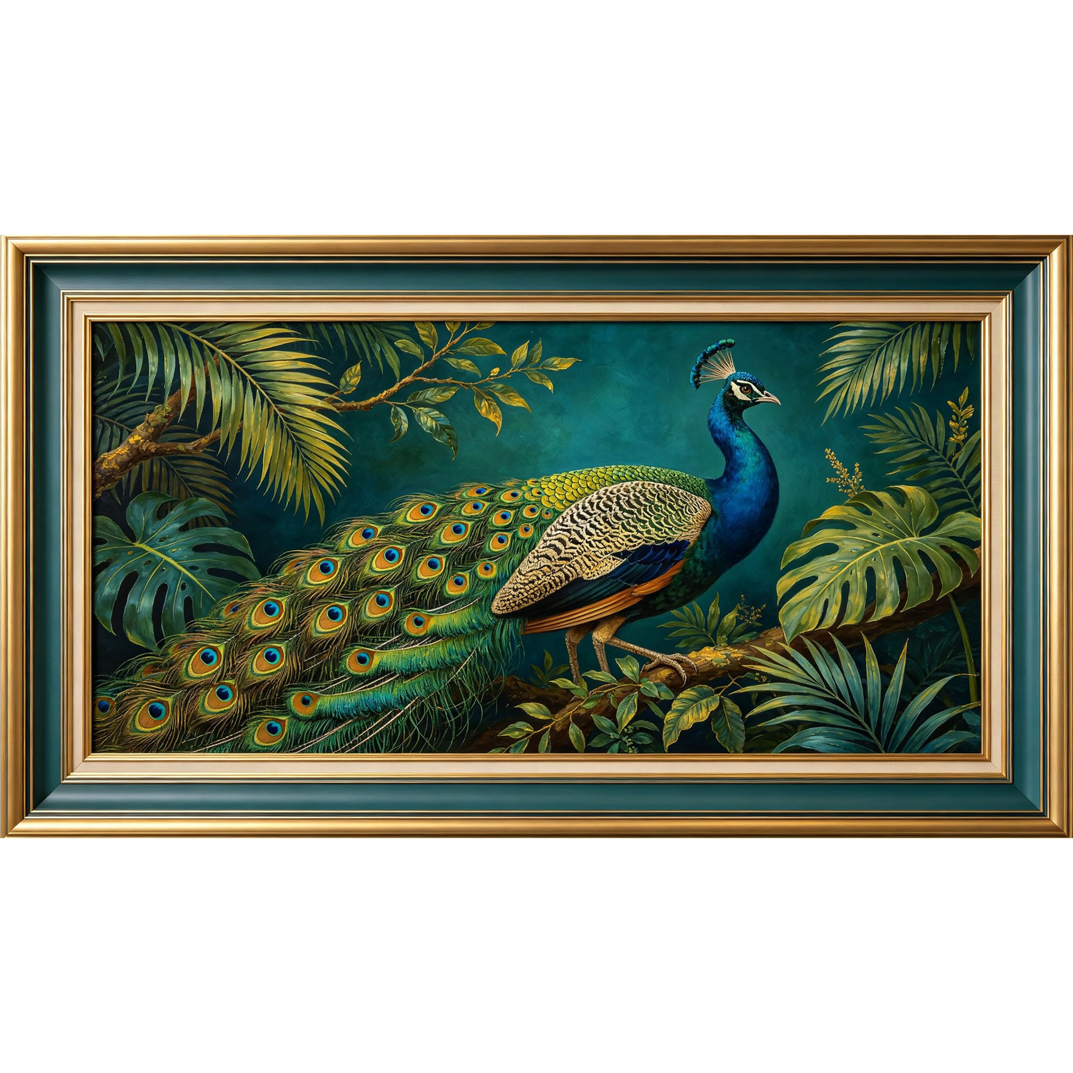 QZLITHOTIC 50x90cm3D Framed Wall Art， Peacock Jungle Tropical Botanical Self‑Adhesive Mural， Water‑Activated Peel & Stick Fabric Decor Wall Decal for Bedroom Living Room