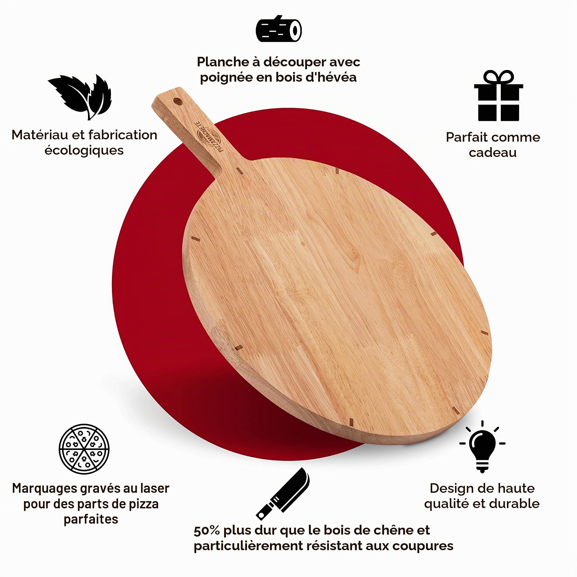 PIZZAMACHETE Lot de 2 Assiettes à Pizza en Bois d'Hévéa, Planche à Découper Ronde pour Pizza, Foccacia ou Pain, Accessoires de Cuisine, 30,5 cm