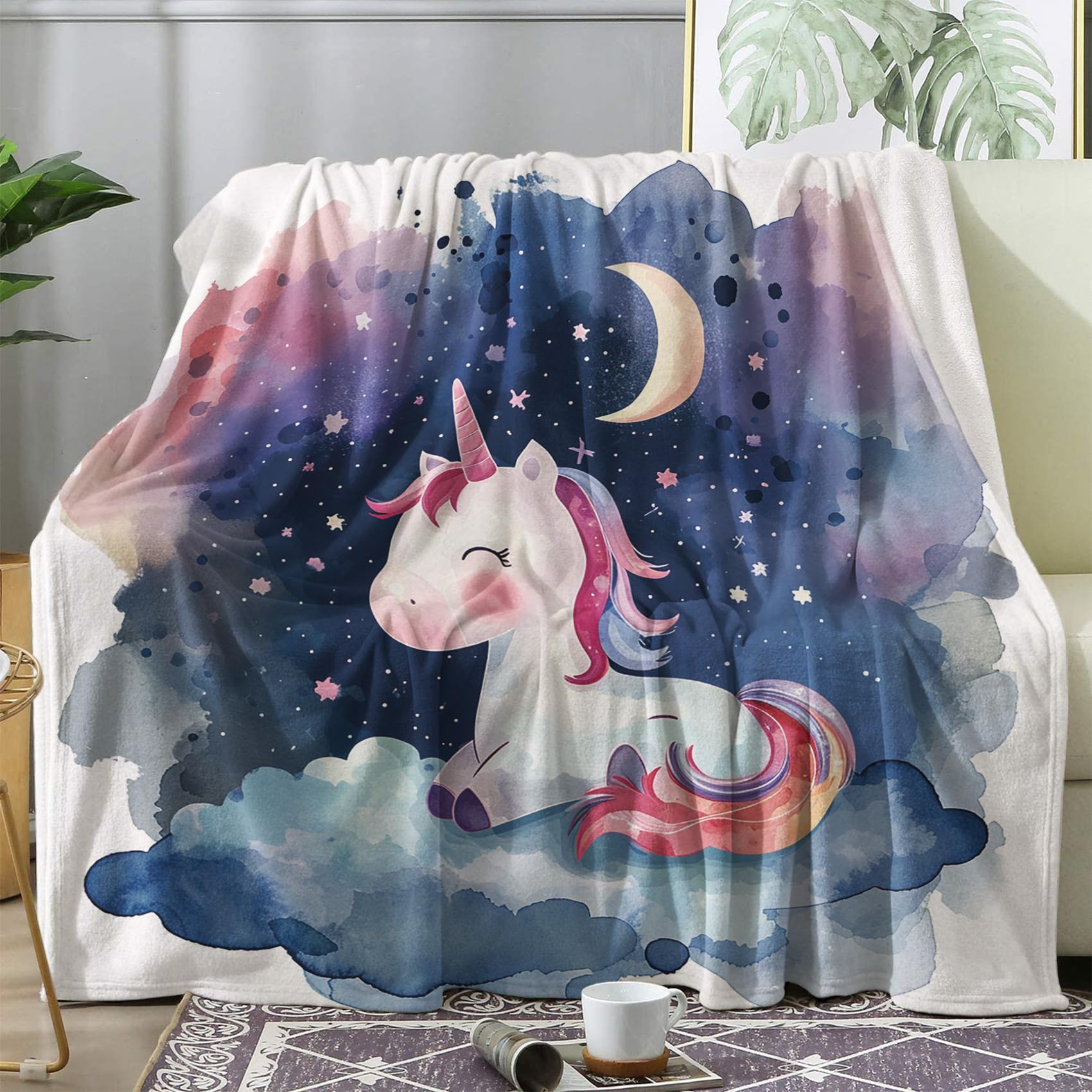 Cute Unicorn Throw Blanket Small Size for Bed, Sofa, Couch, 30x40 Inches, Soft Watercolor Blanket Lightweight for All Seasons, CozyMoon and Stars Flannel Blanket Home Decor