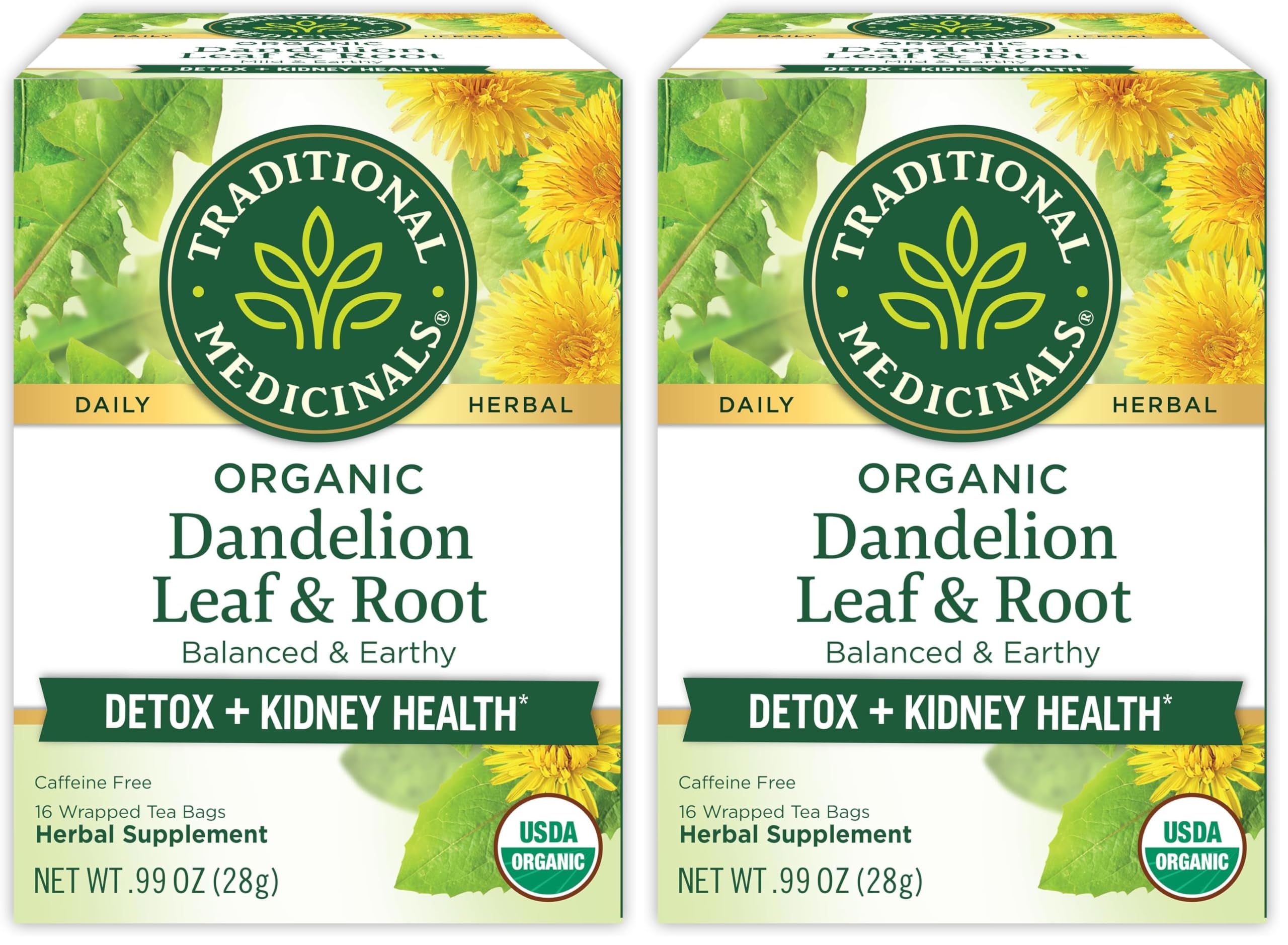 Traditional Medicinals Organic Dandelion Leaf & Root Herbal Tea (Pack of 2), Supports Kidney Function and Healthy Digestion, 16 Tea Bags Total