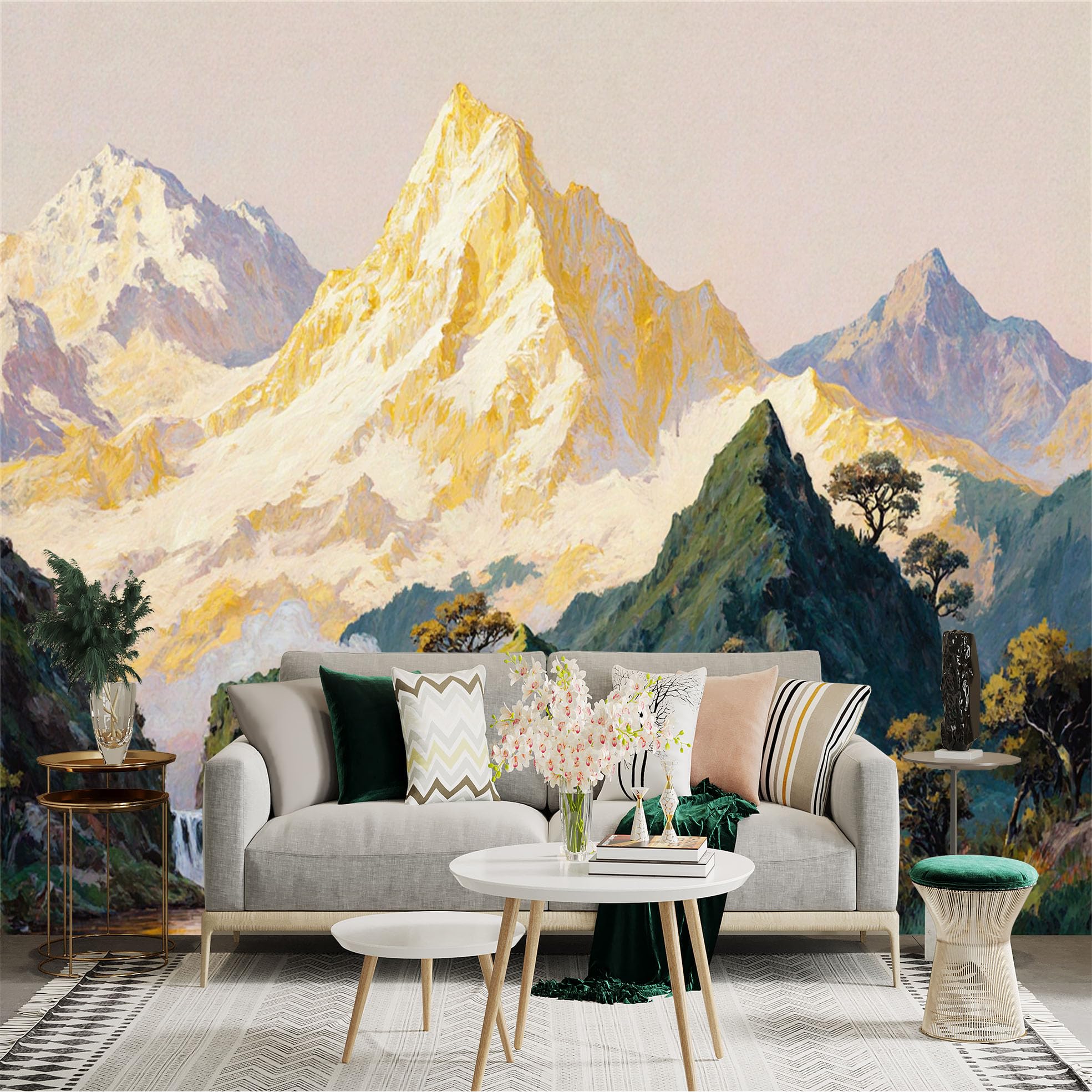 Custom Size Wall Sticker Mural， Golden Snow Capped Mountain Peak， Majestic Waterfall Landscape， Serene Forest Scenery， Nature Oil Painting Art， for wall Decoration， peelandstick wall Decals.