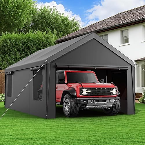 Velway Carport 12x20ft Heavy-Duty Canopy - Portable Garage Metal Carport Featuring Galvanized Frame Waterproof & UV-Protected Tarp with Removable Sidewalls & Doors for Car, Truck, Boat