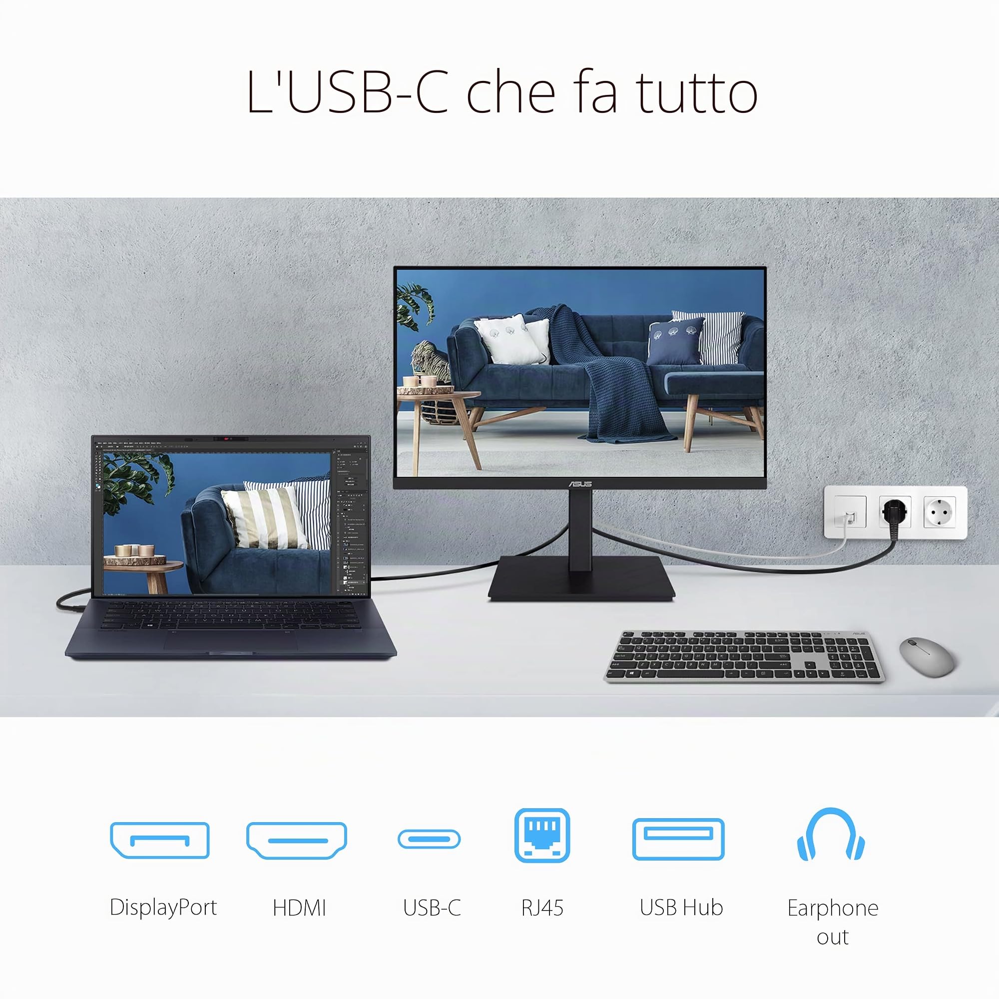 ASUS VA24ECPSN Monitor Docking Station 24”, Full HD, IPS, USB-C, Ethernet, 75 Hz, Tecnologia Adaptative-Sync a Basse Luci Blu e Anti-Sfarfallio, Speaker Stereo, Design Ergonomico Senza Cornice, Nero
