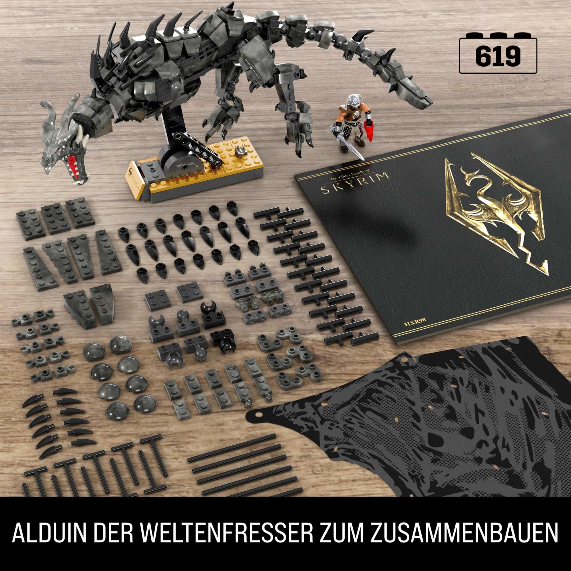 MEGA Skyrim Actionfigur Bauspielzeug, Alduin der Weltenfresser mit 619 Teilen, mit 1 Dragonborn-Figur, für Sammler, HXR98