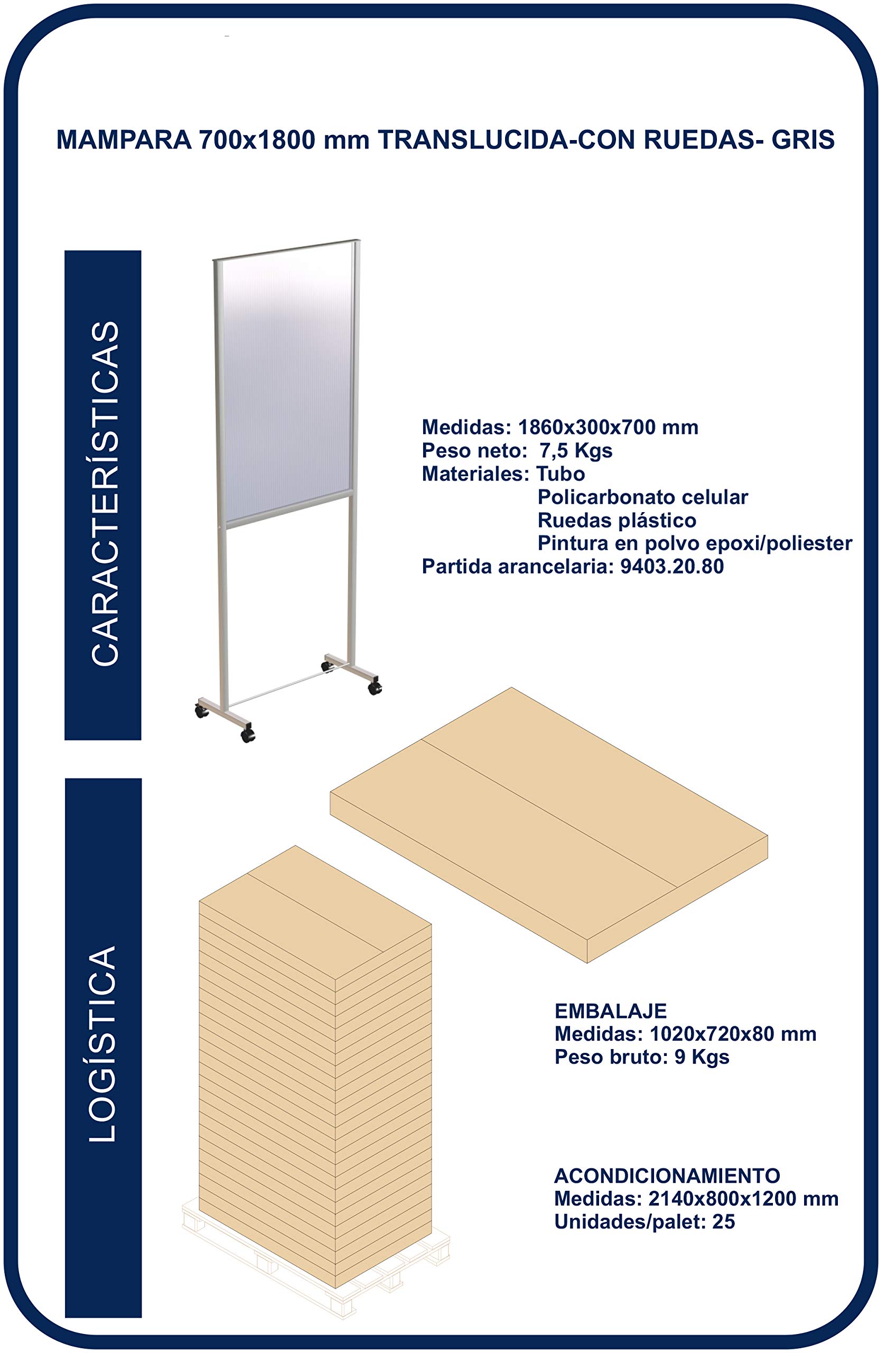 Hostelnovo - Mampara de suelo con ruedas para separar espacios - Estructura metálica - Pantalla en policarbonato - Medidas: 1000 x 1800 mm