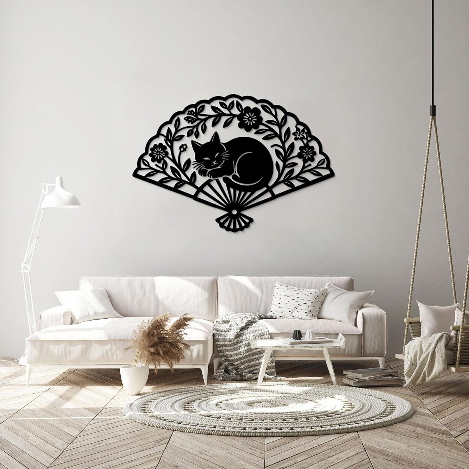 GlintHome Bedroom Wall Art - Large Black Metal Fan Sleeping Cat Wall Decor Wall Sculpture artwork for Cats Lover Minimalist Room Living Room Bathroom Office