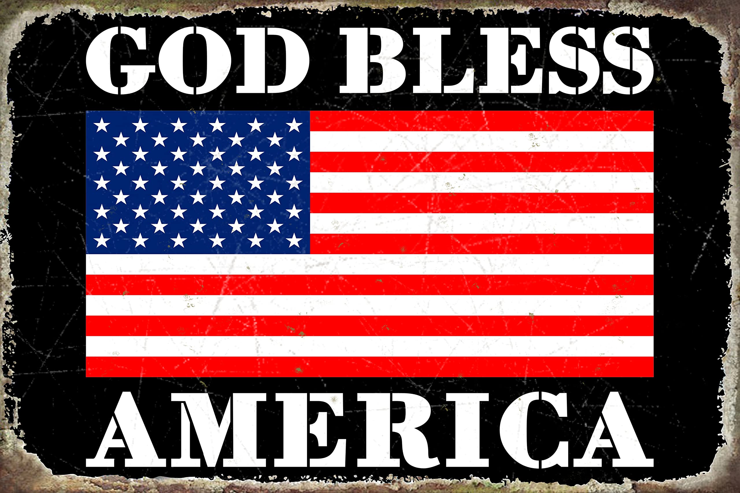 Peiyeety A005 Metal Tin Sign Vintage God Bless America Flag Art, Patriotic Themed Retro Home Accent, Durable Plaque For Man Cave, Bedroom, Living Room,8X12 Inch