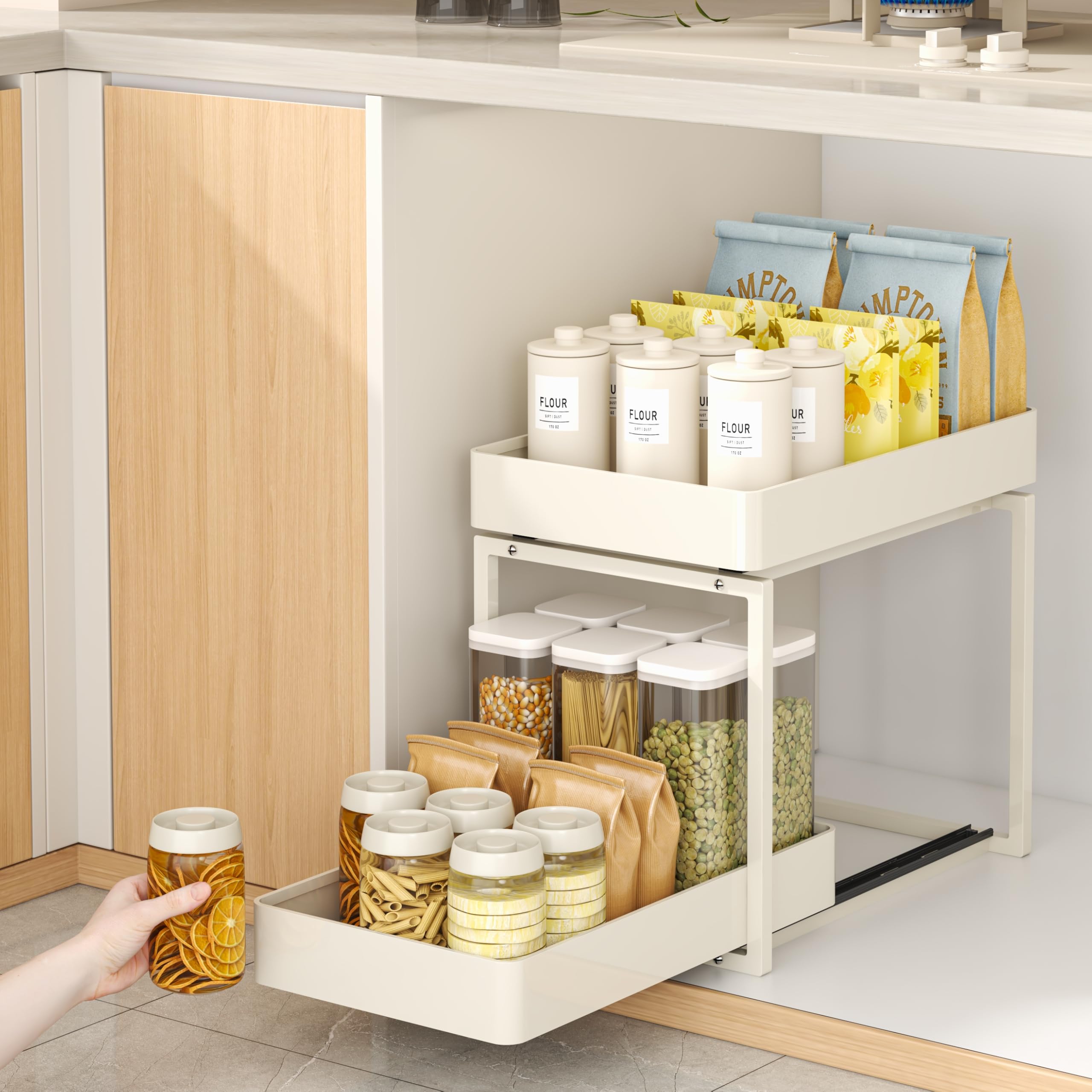 Volvelasis Pull Out Cabinet Organizer 1 pack 2 Tier Kitchen Under Sink Organizers and Storage for Clear Bathroom MultiPurpose Cabinet Organizer for Vanity Counter Cupboard Closet (1Set White)