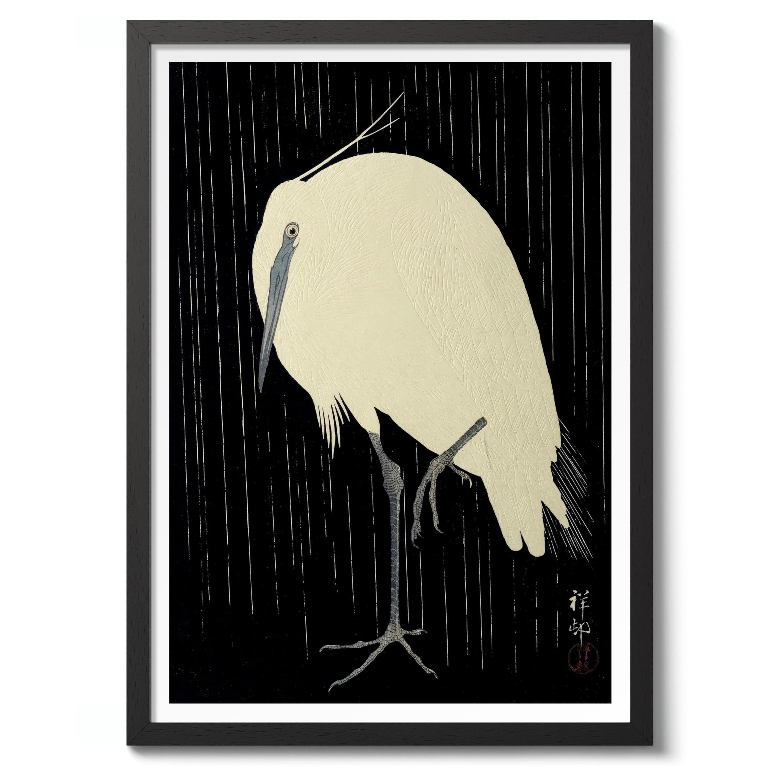 Egret In The Rain Ohara Koson Poster, Japanese Woodblock Ukiyo-E Print, Vintage Bird Art Picture Animal Painting Wall Art Exhibition, Japan Birds Home Decor, A3 (Black Frame) - 45x32.8cm — image 1