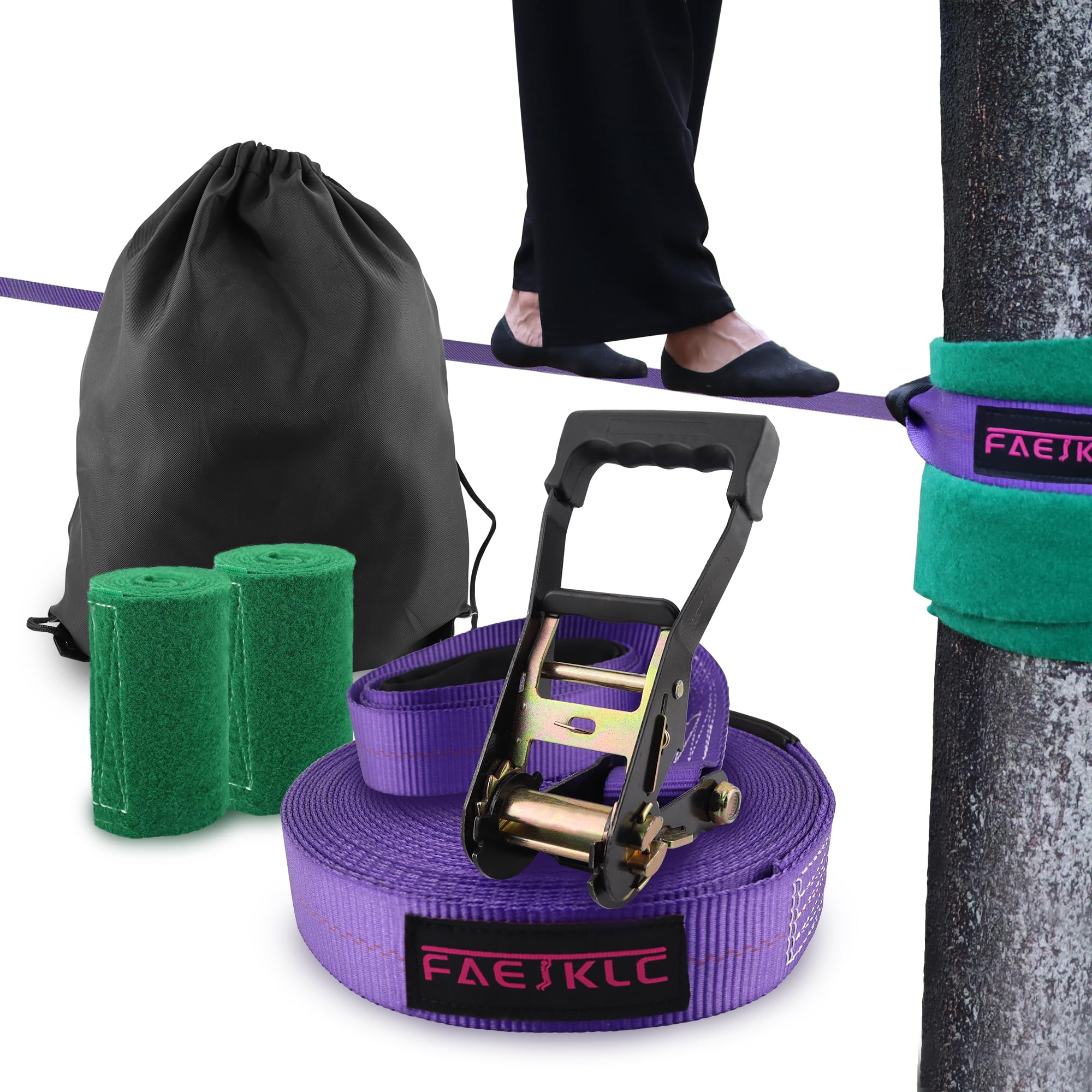 FAETKLCSlackline Kit for Kids Zipline Accessories 65ft Zip Line Ninja Warrior Slackline Tight Rope Line for Kids and Adult Backyard Training Equipment for Outside