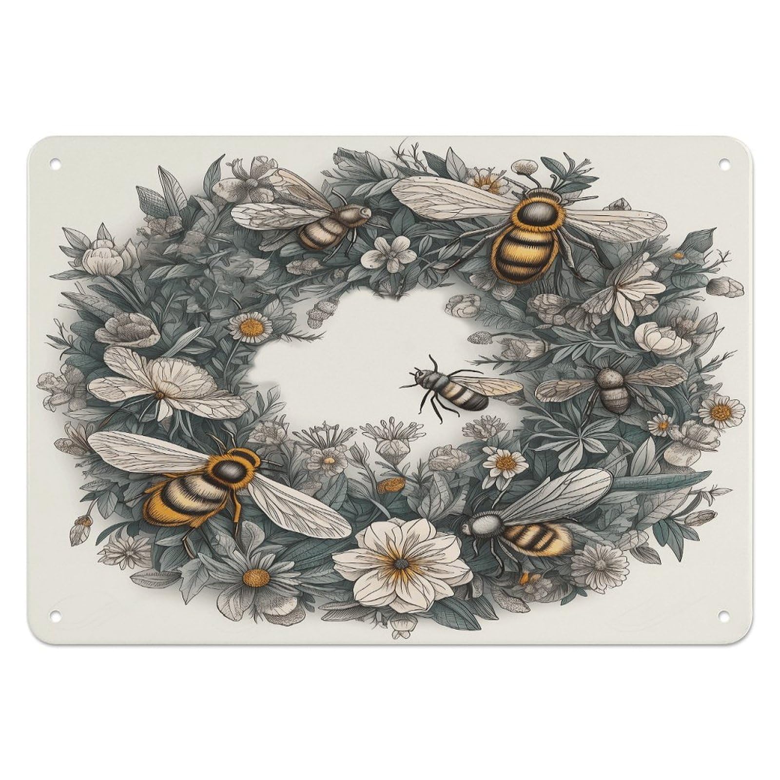 Btcowzrv Style Hand Drawn Wreath And Bee Metal Sign, 5.5" X 7.9" Tin Wall Decor, Wall Art Plaques For Home Wedding Decor Room Living Room Decoration