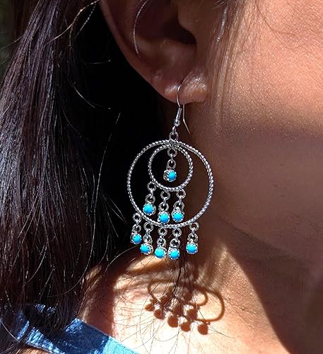 Miniatura 2 de Native American Sleeping Beauty Turquoise Wire Tiered Loop Dangle Earrings Navajo Handmade Jewelry Southwest