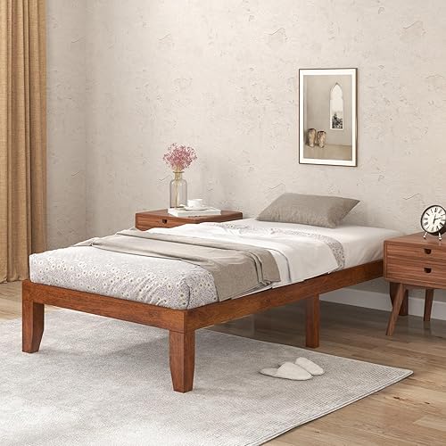 Miniatura 15 de COSTWAY Marco de cama de plataforma tamaño King, base de colchón de madera de goma maciza de 14 pulgadas con soporte de listones resistentes, marco