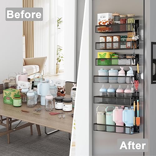 Miniatura 6 de Estante magnético para especias para refrigerador, paquete de 6 estantes magnéticos, organizador magnético para refrigerador con 12 ganchos móviles,