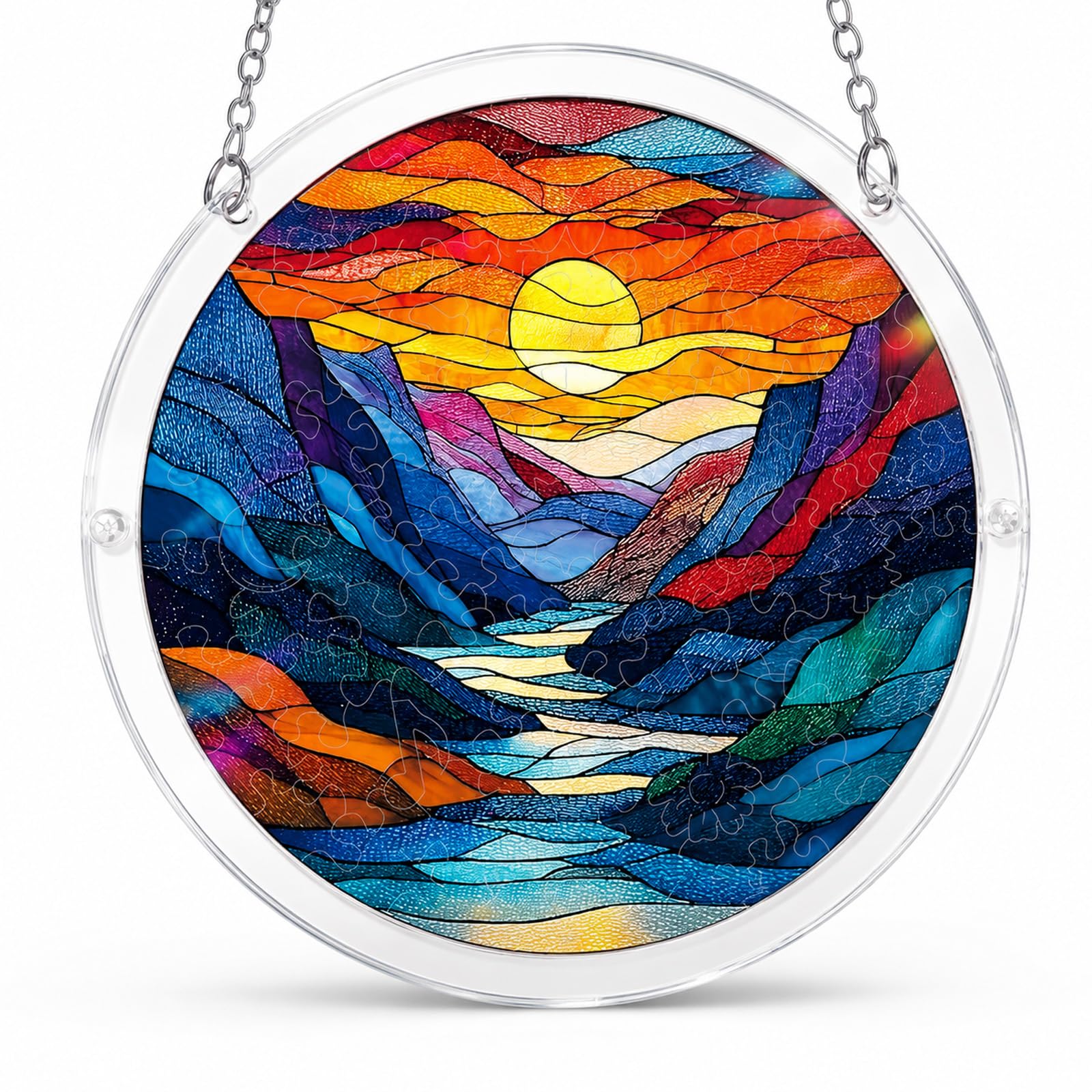 Acrylic Jigsaw Puzzle Suncatcher, Sunset Mountain River Sun Catchers for Windows, Landscape Acrylic Suncatcher Puzzle with Frame and Chain, Craft Kit Home Decor Art Gift for Women, Men, 7In