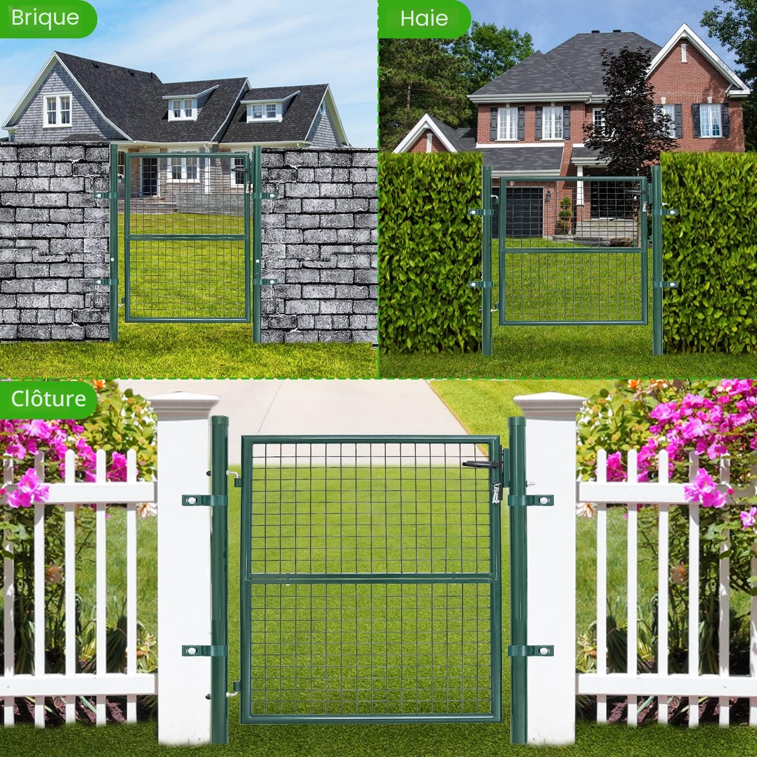 Fiqops Portail de jardin, 125 x 100 cm, vert, en acier galvanisé, avec serrure, poignée de porte et 3 clés, résistant aux intempéries, robuste et durable