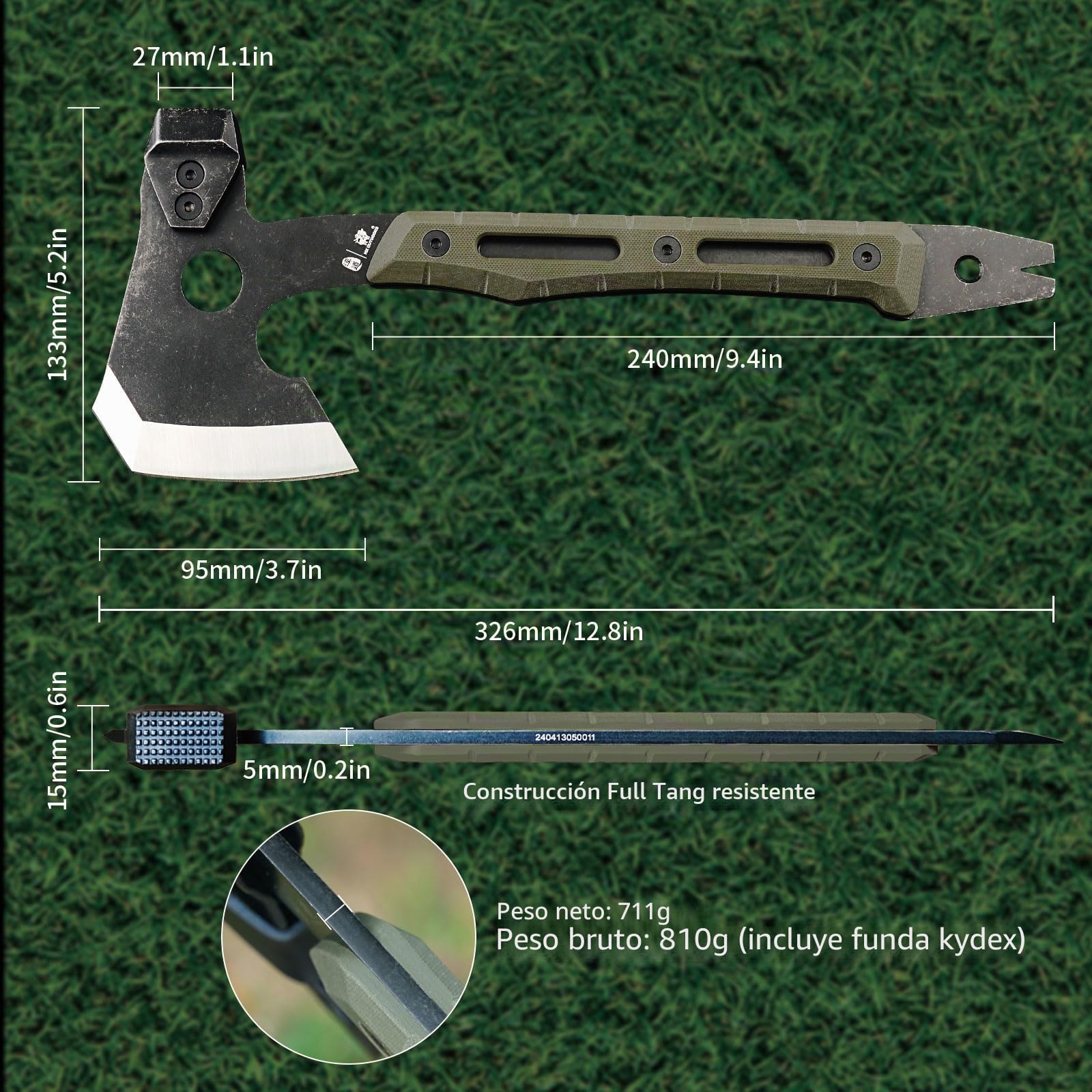 HX OUTDOORS Hacha de Partido Multifuncional, Hacha Táctica de Supervivencia y Campismo de Tanga Completa，Hachas de Mano para Campismo y Bushcraft con Martillo y Sacacorchos (Verde Militar)