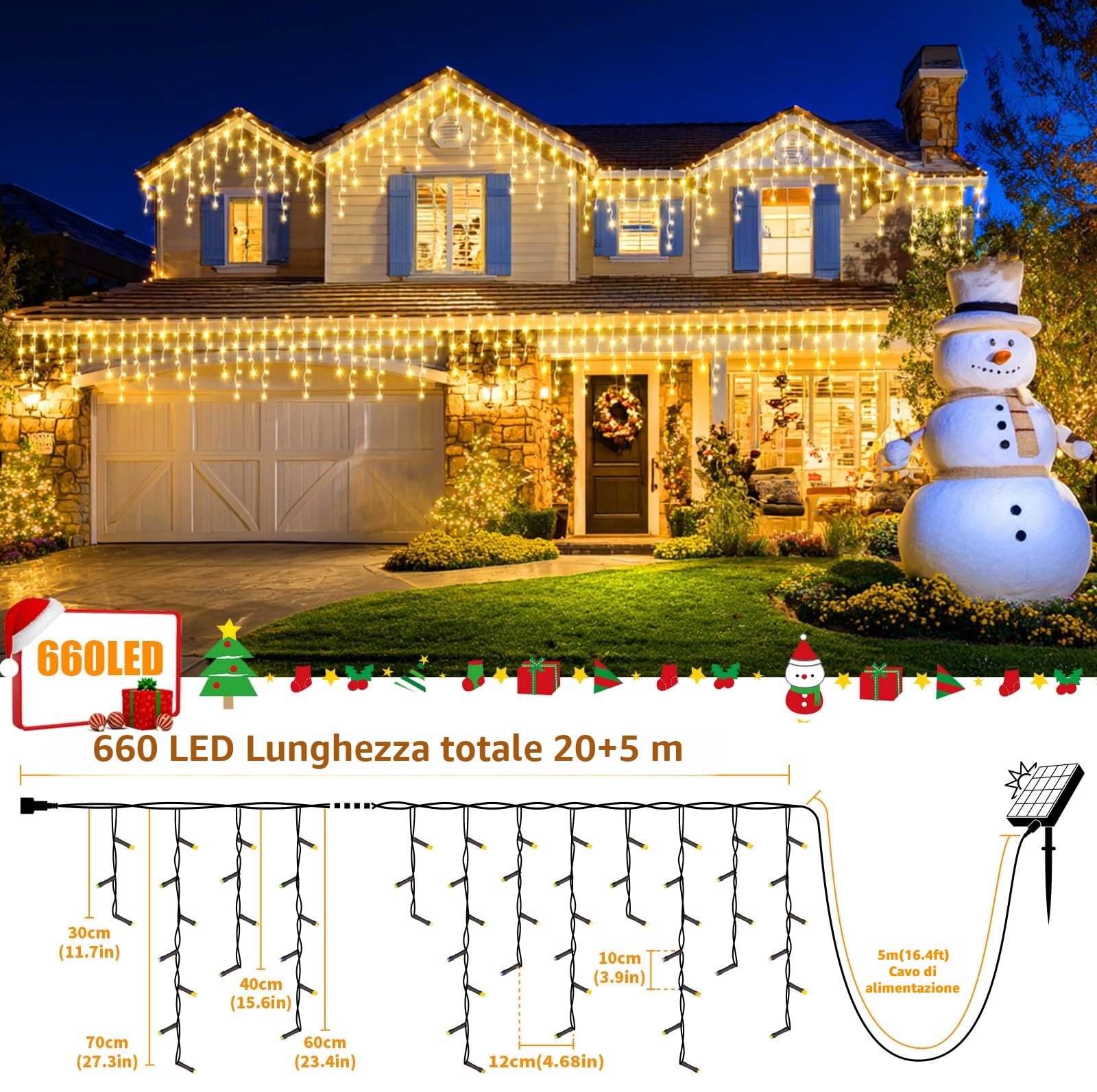 Solari Tenda Luminosa Esterno [20m + 5m], 660LEDs Luci Natale Esterno con 2500mAh Pannello Solare,Collegabili,8 Modalità,Luminosità Regolabile,IP65 Luci Natale Esterno Cascata [Bianco Caldo]