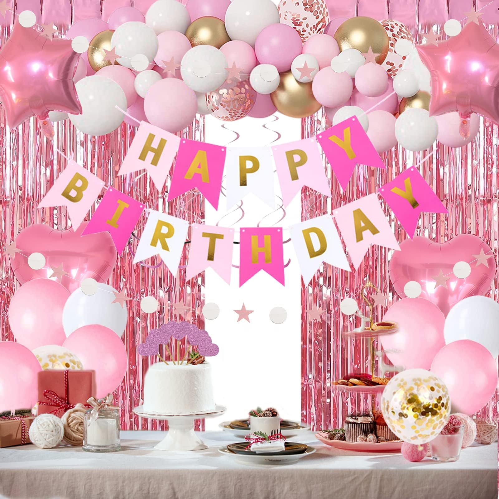 Pink Gold Birthday Party Decorations, Happy Birthday Banner, Pink Fringe Curtain, Heart Star Foil Confetti Balloons, Hanging Swirls for Women Girls Birthdays Princess Party