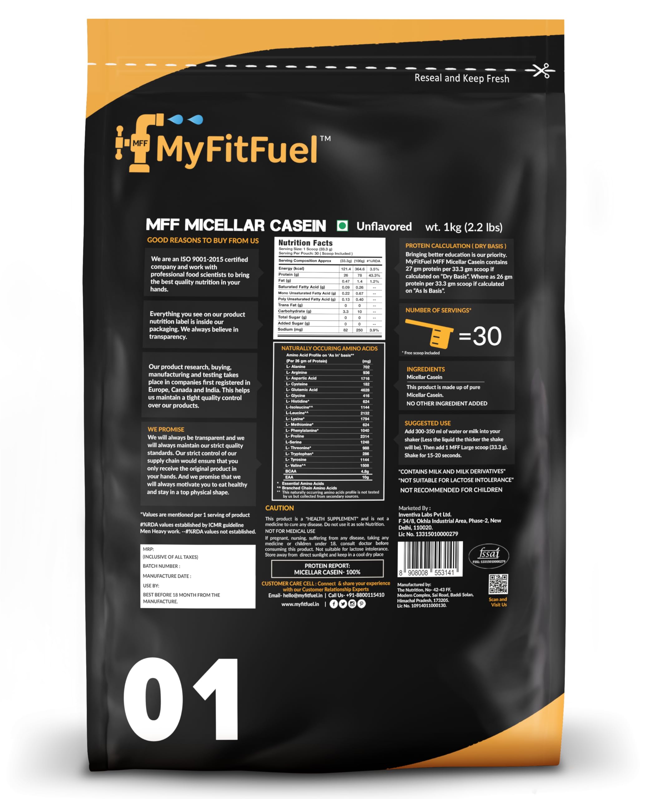 MyFitFuel Micellar Casein Protein Powder | 1 kg, 30 Servings (Unflavoured) | Slow Release Protein - Image 4 thumbnail