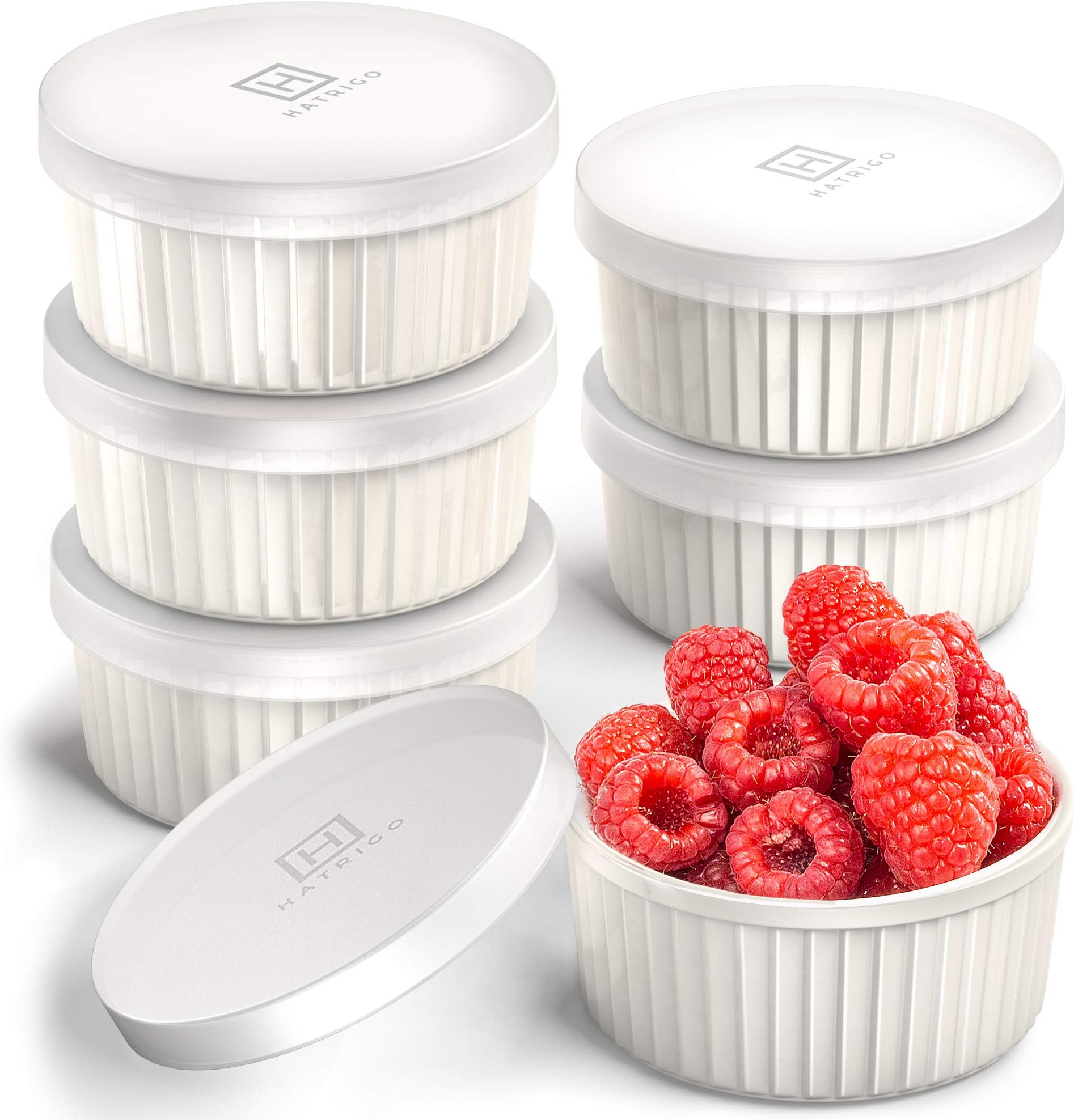 Hatrigo Porcelain Ramekins with Silicone Storage Lids, Set of 6 White Ramekins, 4 oz Oven Safe, 450F, Dishwasher Safe