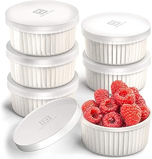 Hatrigo Porcelain Ramekins with Silicone Storage Lids, Set of 6 White Ramekins, Ramekins 4 oz Oven Safe, 450 deg F, Dishwa...