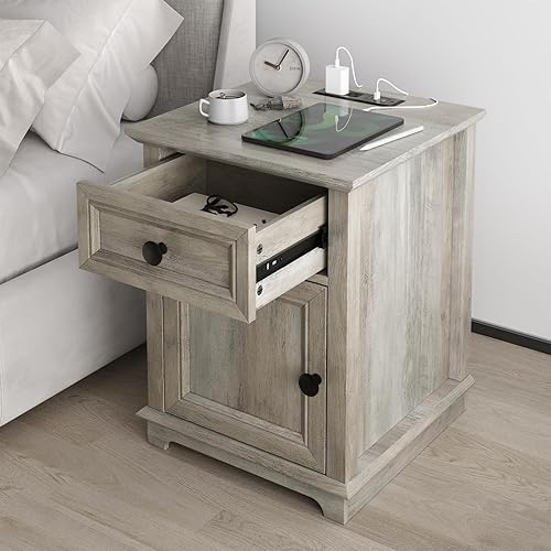 Miniatura 8 de Mesa auxiliar con estación de carga, mesa auxiliar de 18 pulgadas con cajón, mesita de noche para sala de estar, mesita de noche de 24 pulgadas de