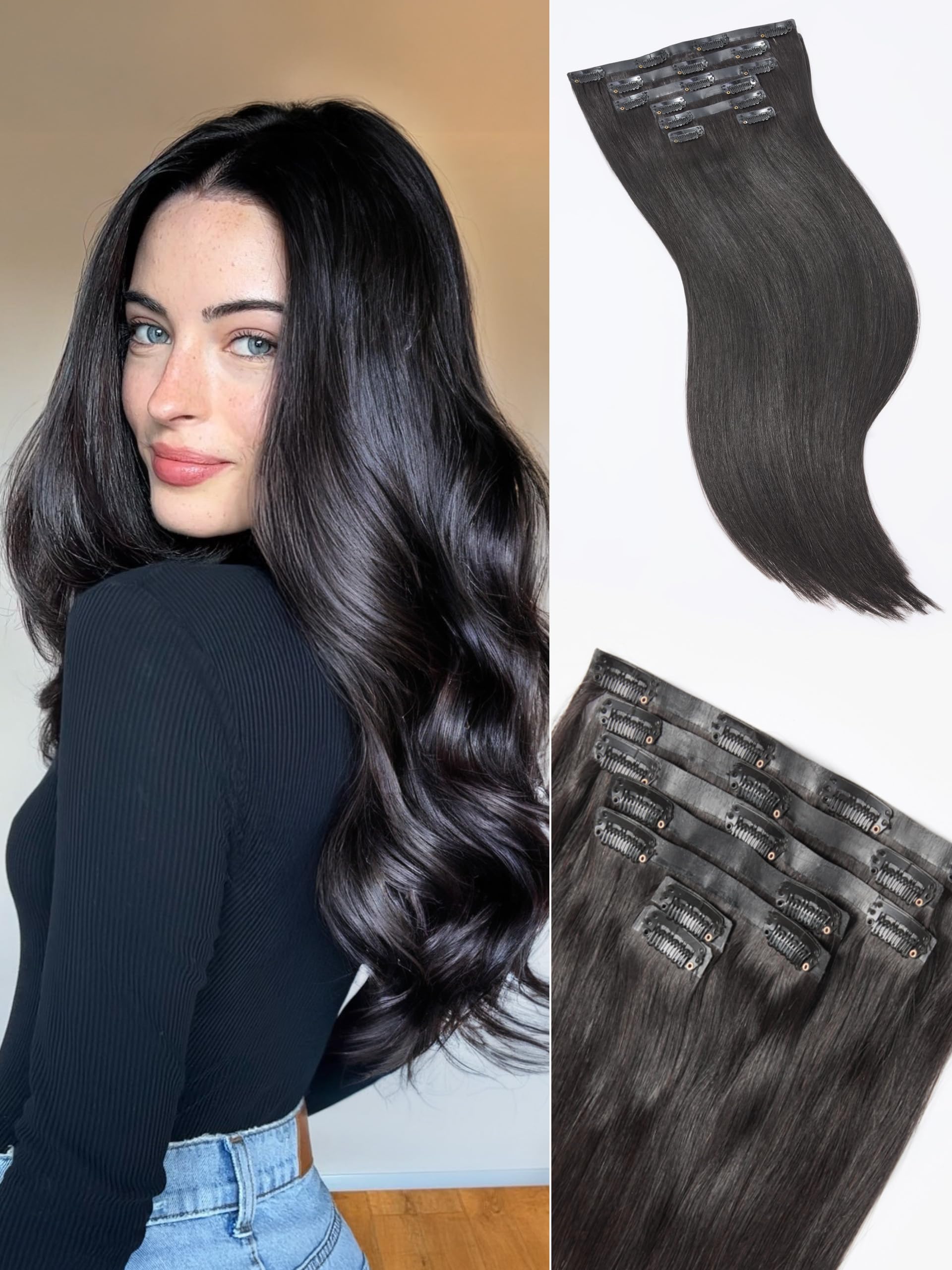 LUVME 2 Pack Straight Seamless 220g 14Pcs Clip in Hair Extensions Full Max with 16inch Remy Human Hair Extensions, Natural Black 100% Real Soft Human