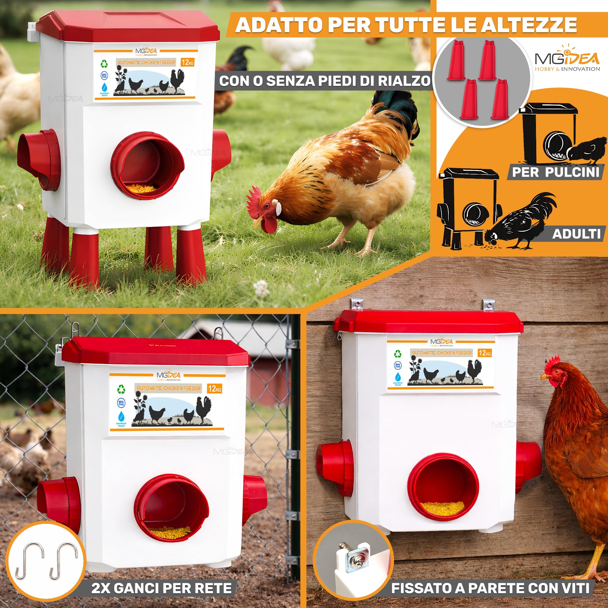 KIT MANGIATOIA ABBEVERATOIO GALLINE DISPENSER AUTOMATICO SISTEMA DISTRIBUTORE ACQUA MANGIME POLLAIO REGOLABILE GIARDINO PULCINI (8 Kg + 7 Lt)