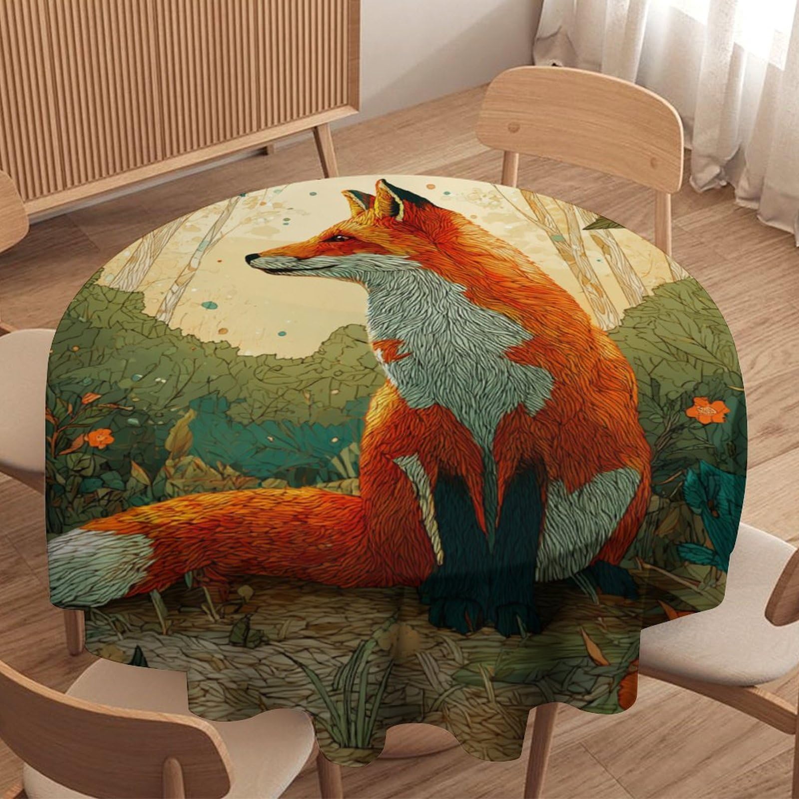 LUYYSKY Funny Abstract Wildlife Fox Round Tablecloth Beautiful Rustic Autumn Forest Hunting Theme Animal Fox Washable Decor for Table Cover for Kitchen-91.4" Wx91.4 L cm