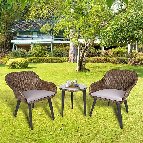 Choneowell All-Weather Wicker Furniture Patio Bistro Conversation Set with Cushions with Ergonomic Chairs,Patio Furniture for Balcony, Garden, Balcony, Deck, Backyard,Brown